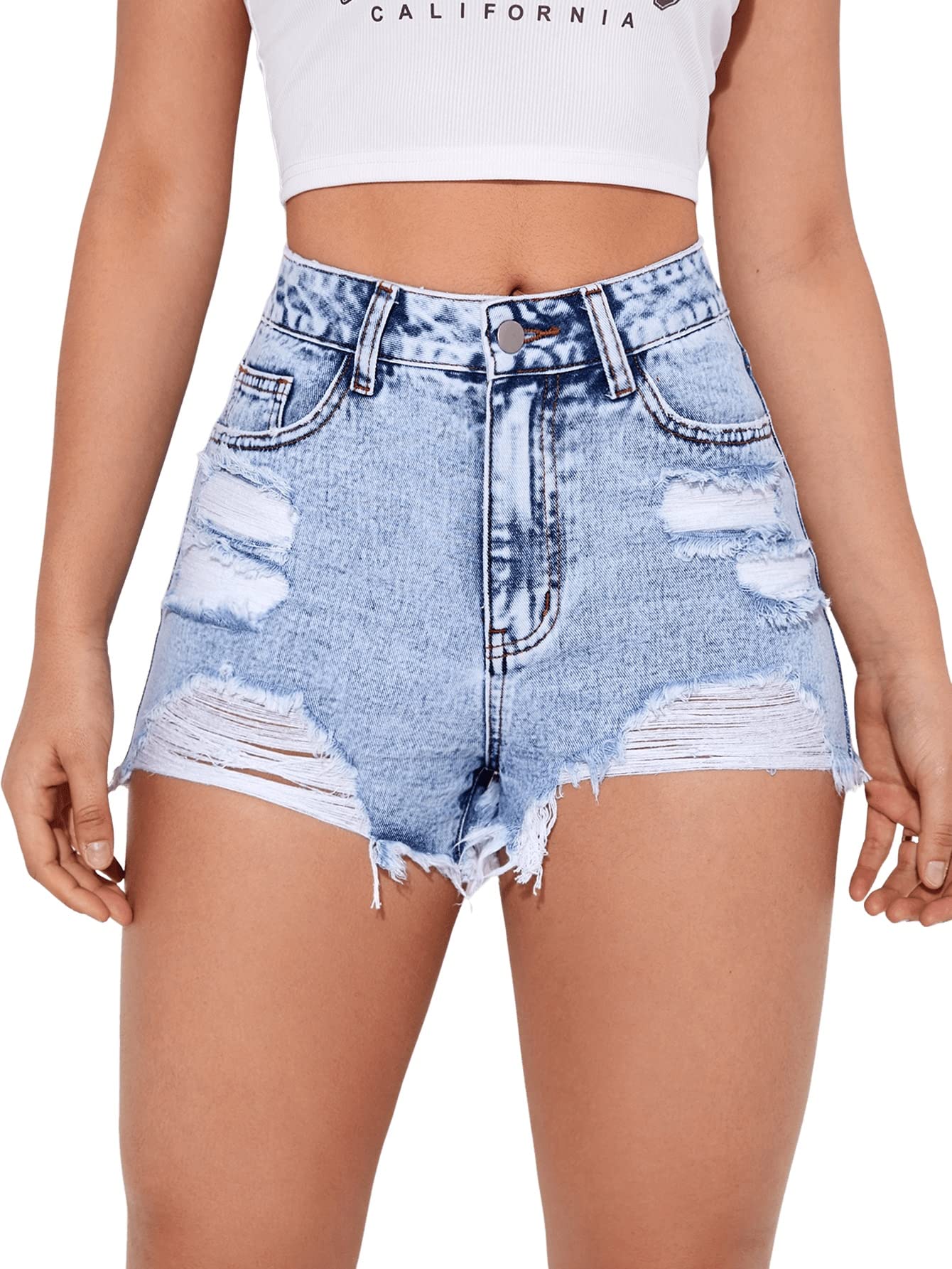 SweatyRocks Women's High Waist Ripped Denim Shorts - Raw Hem Distressed Jean Shorts for Summer | Casual Outfit, Beach Vacation, Streetwear Fashion