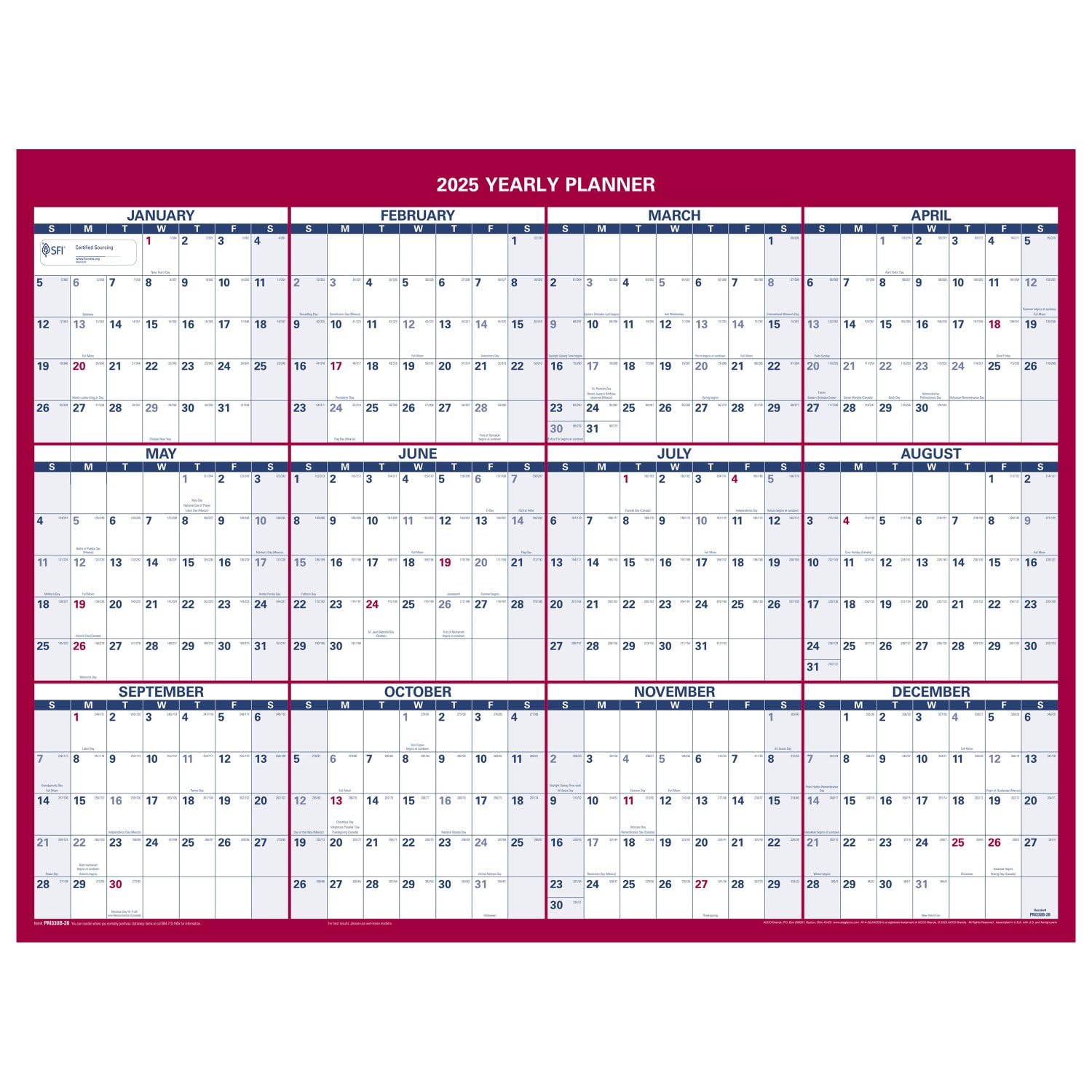 AT-A-GLANCE 2025 Dry Erase Wall Calendar Planner - 12