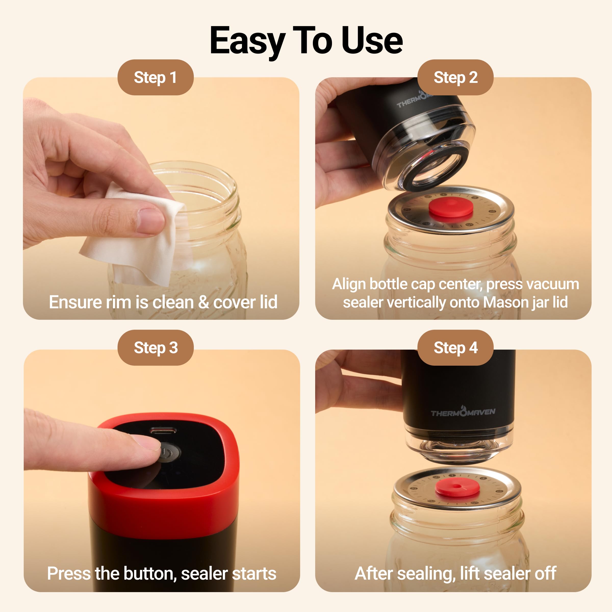 4-in-1 Automatic Vacuum Sealer Kit for Mason Jars, Food Containers & Wine Bottles - Patented Mason Jar Vacuum Sealer with 10 Auto Pressure Release, Reusable Lids (Black & Red) - Perfect for Food Storage, Meal Prep & Preserving Freshness