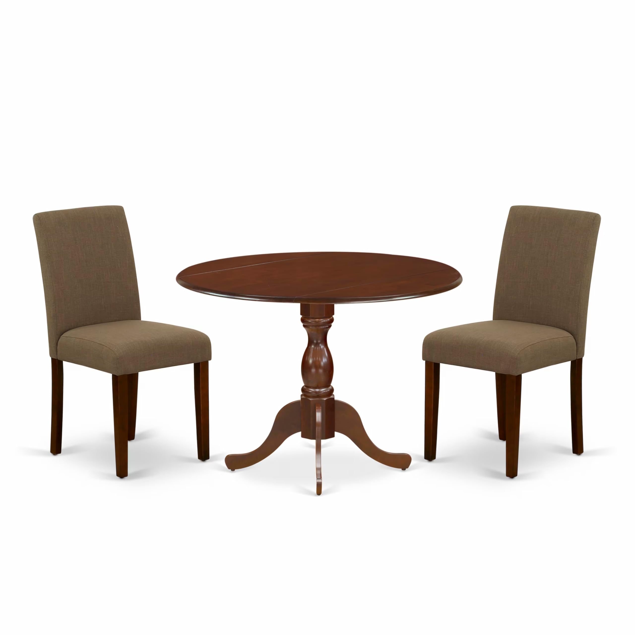 East West Furniture DMAB3-MAH-18 3-Piece Round Dining Table Set with Drop Leaf & 2 Upholstered Parson Chairs - 42x42 Inch Mahogany Finish - Perfect for Small Spaces, Breakfast Nooks & Apartment Dining Areas