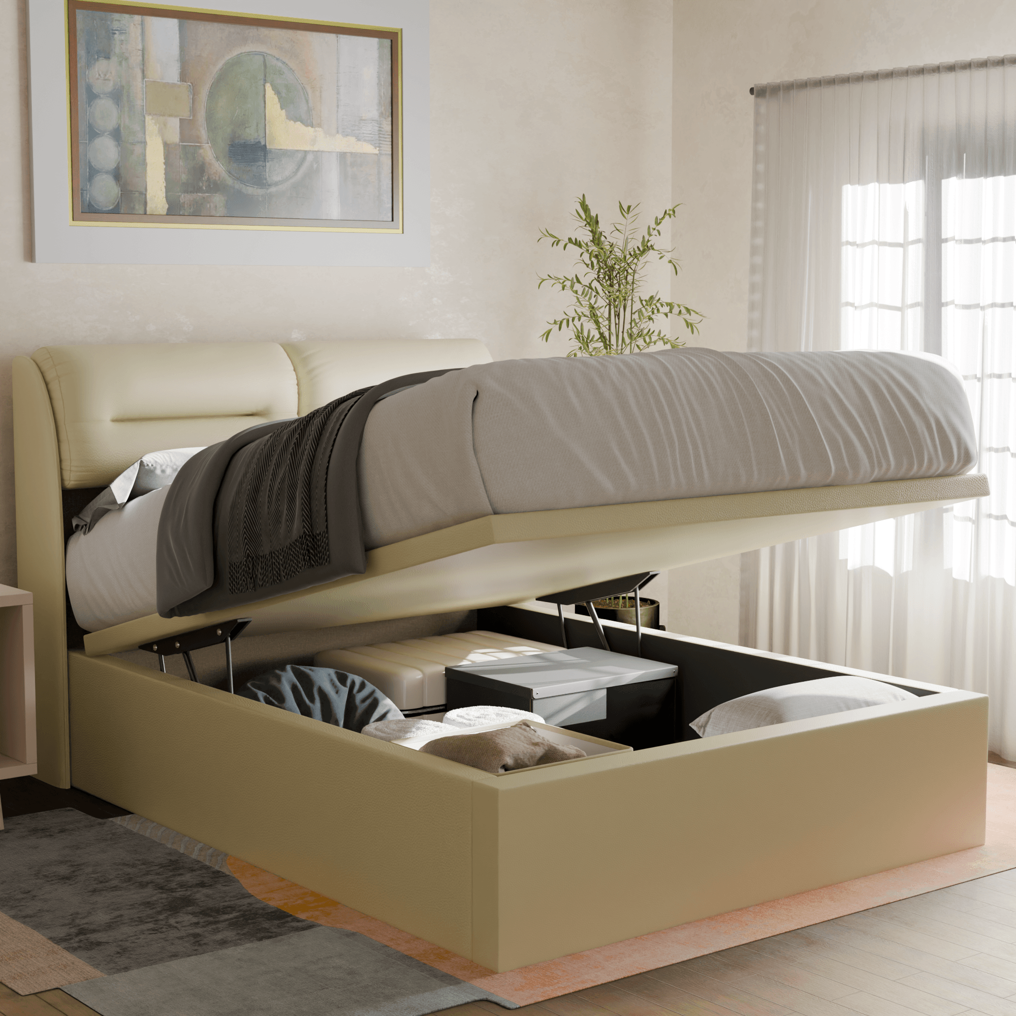 Hanubee Faux Leather Upholstered Storage Bed with Underbed Drawers - Queen Size Platform Bed Frame for Small Spaces, Modern Bedroom Furniture for Apartments & Dorm Rooms