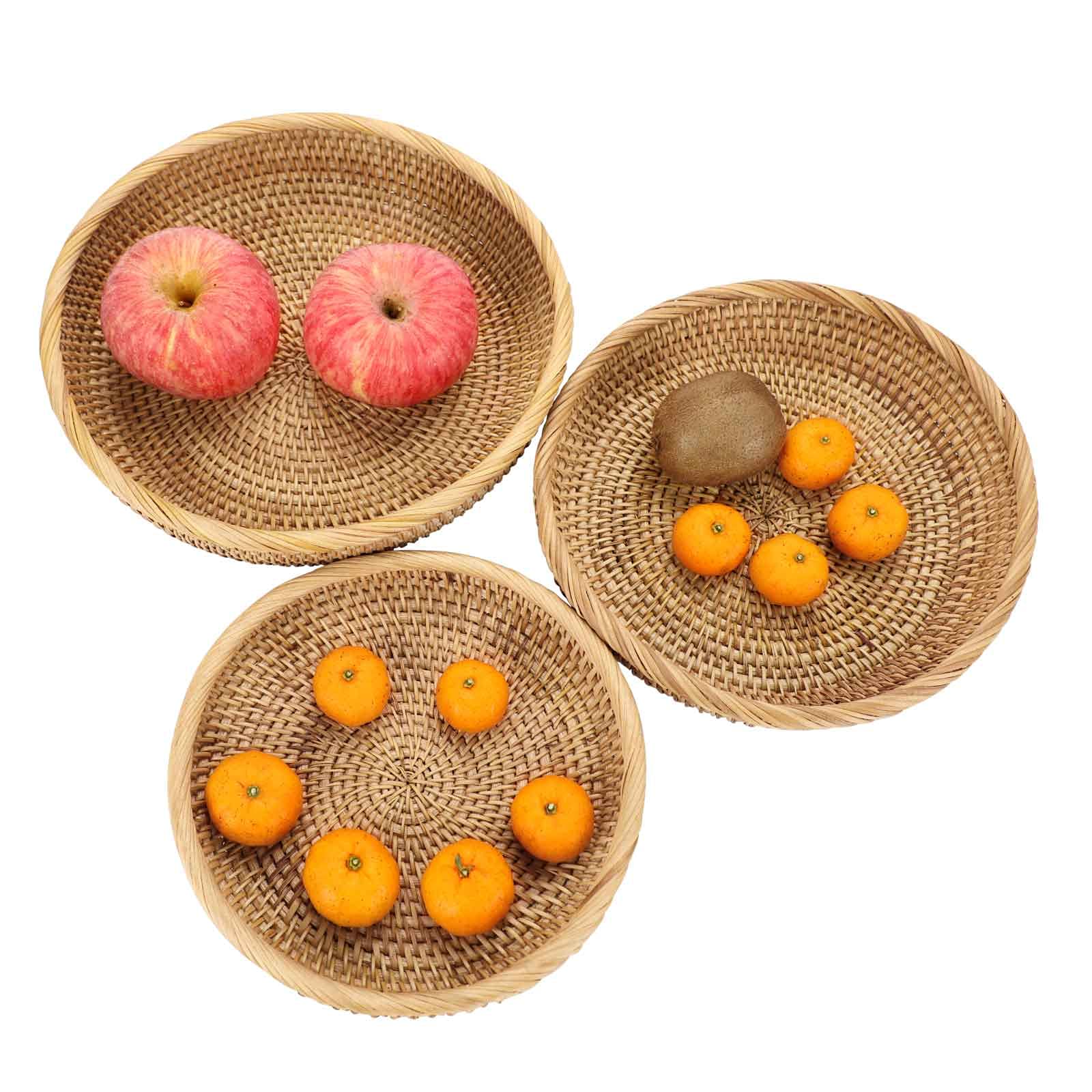 Hipiwe Set of 3 Woven Wicker Storage Baskets - Round Rattan Serving Trays for Keys, Wallet & Cell Phone | Entryway Organizer, Fruit & Snack Bowl | Home Decor for Living Room, Bedroom & Kitchen