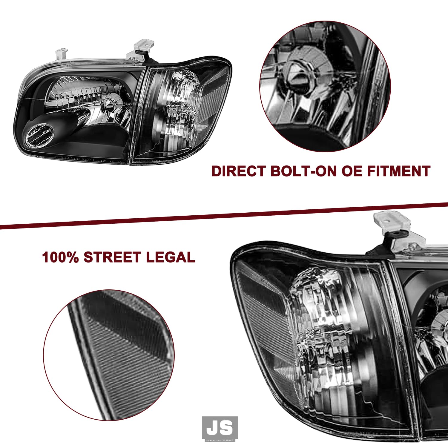 JSBOYAT Replacement Headlights Assembly for 2005-2006 Toyota Tundra & 2005-2007 Sequoia - Black Housing with Clear Reflector - Includes Corner Lights (Driver & Passenger Side) - Perfect for Off-Roading, Night Driving & Vehicle Restoration