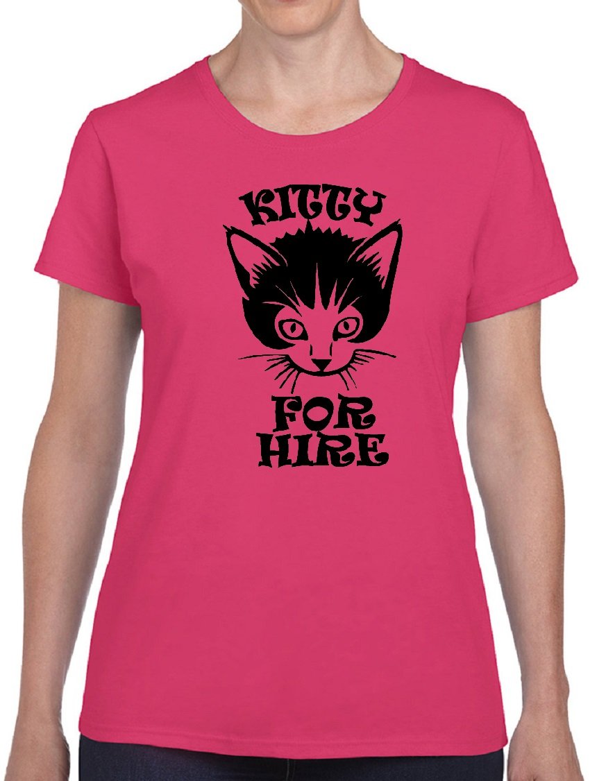 STUFF WITH ATTITUDE Pink Ladies Kitty for Hire Graphic T-Shirt - Women's Funny Cat Tee for Casual Wear & Cat Lovers