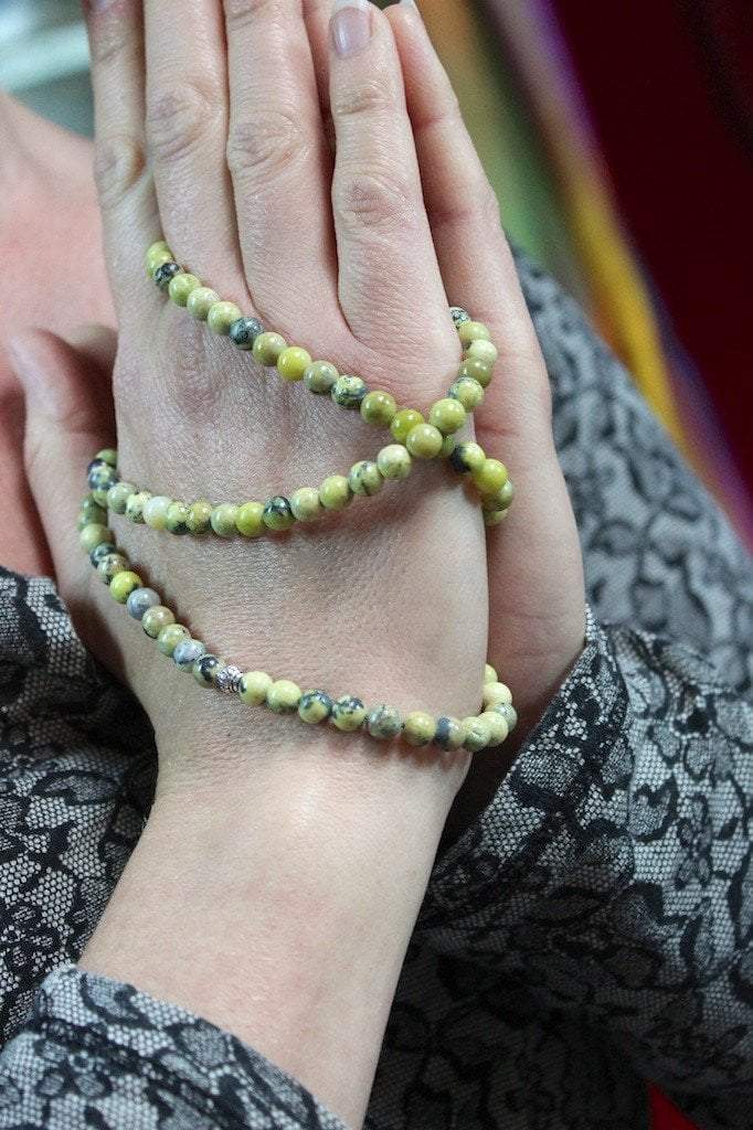 108 Bead Yellow Turquoise Stretchable Mala Bracelet - Yoga Meditation Prayer Buddhist Jewelry for Women & Men - Perfect for Spiritual Healing, Stress Relief & Mindfulness Practice