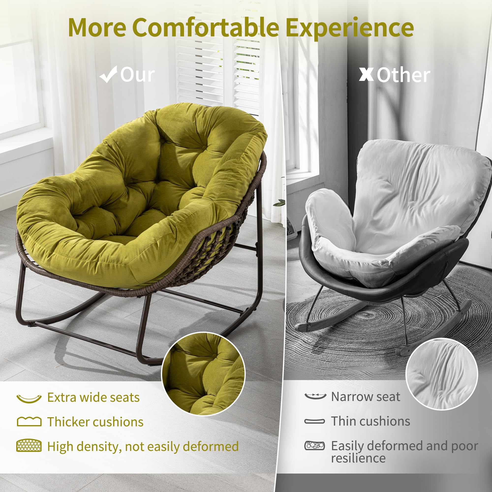 HOMEFUN Oversized Papasan Rocking Chair with Velvet Padded Cushion - Indoor/Outdoor Rocker Egg Chair for Patio, Front Porch, Garden & Backyard - Perfect for Relaxing, Reading & Sunbathing