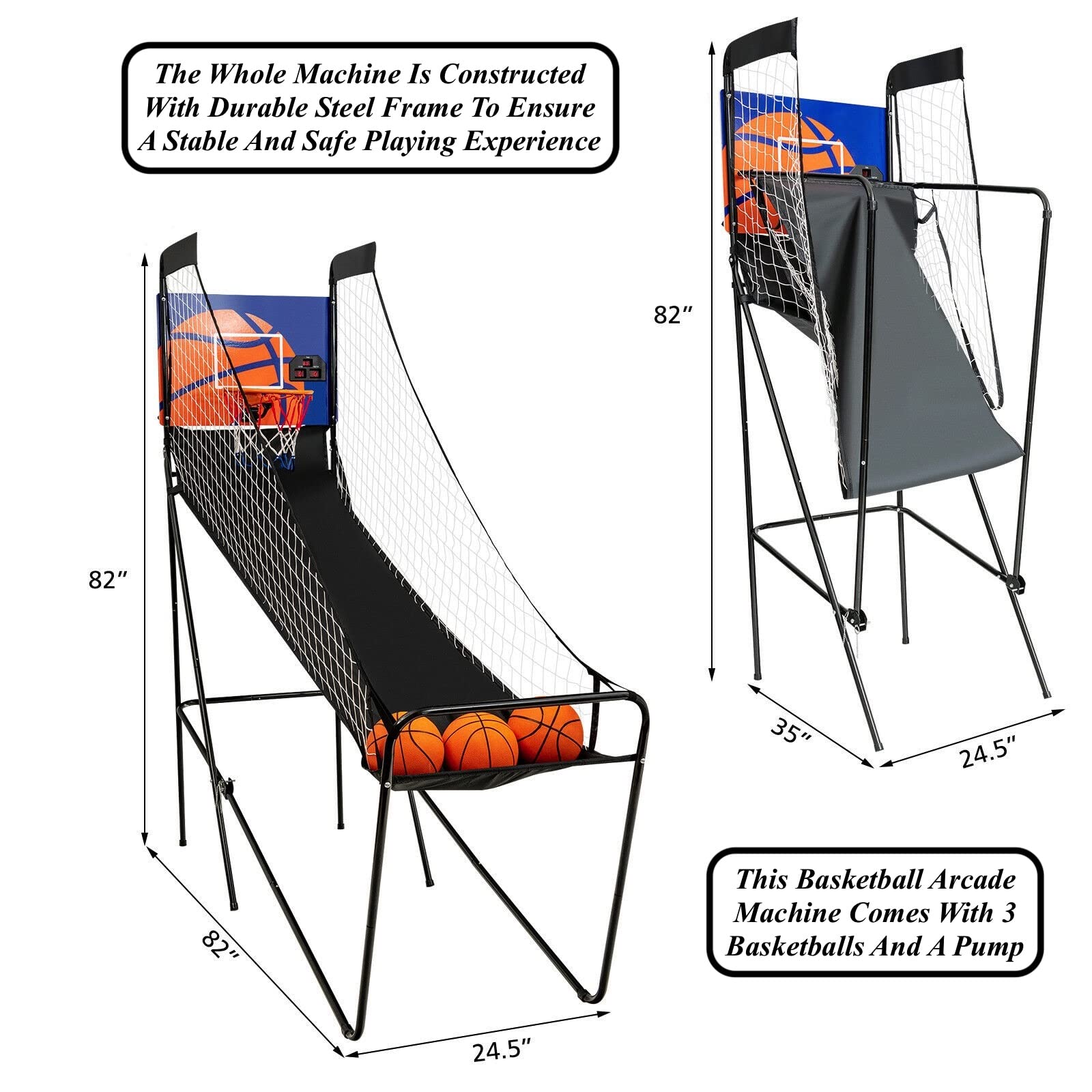 Foldable Single Shot Arcade Basketball Game Machine with 3 Basketballs, Air Pump & Electronic Scorer - Steel Frame, Premium MDF Backboard, Polyester Fabric Mesh Fence - Perfect for Parties, Family Gatherings, Game Rooms & Indoor/Outdoor Fun