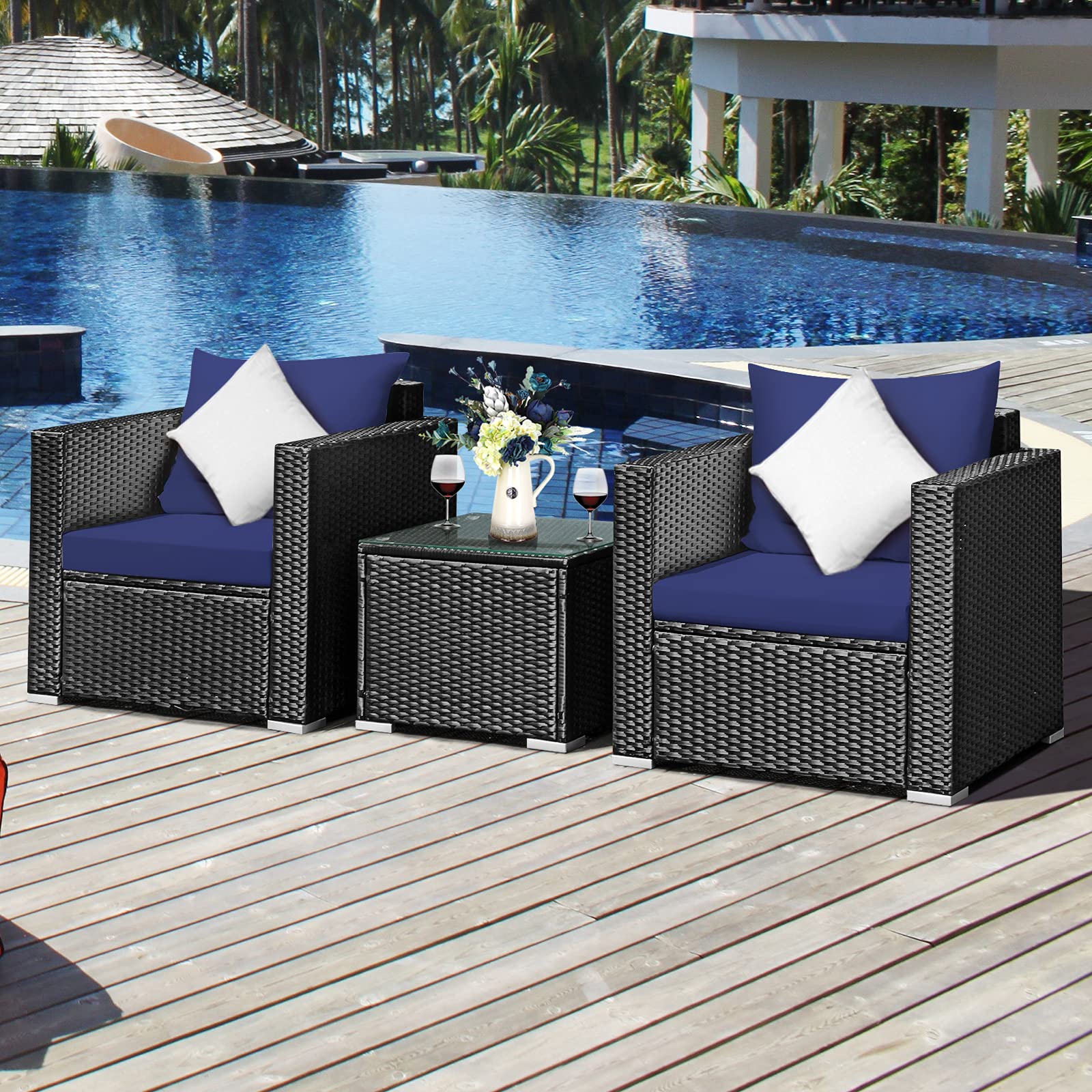 **Tangkula 3-Piece Patio Furniture Set - PE Rattan Wicker Sofa with Washable Cushions & Tempered Glass Table, Outdoor Conversation Set for Garden, Poolside, Patio, and Backyard (Navy Blue)**