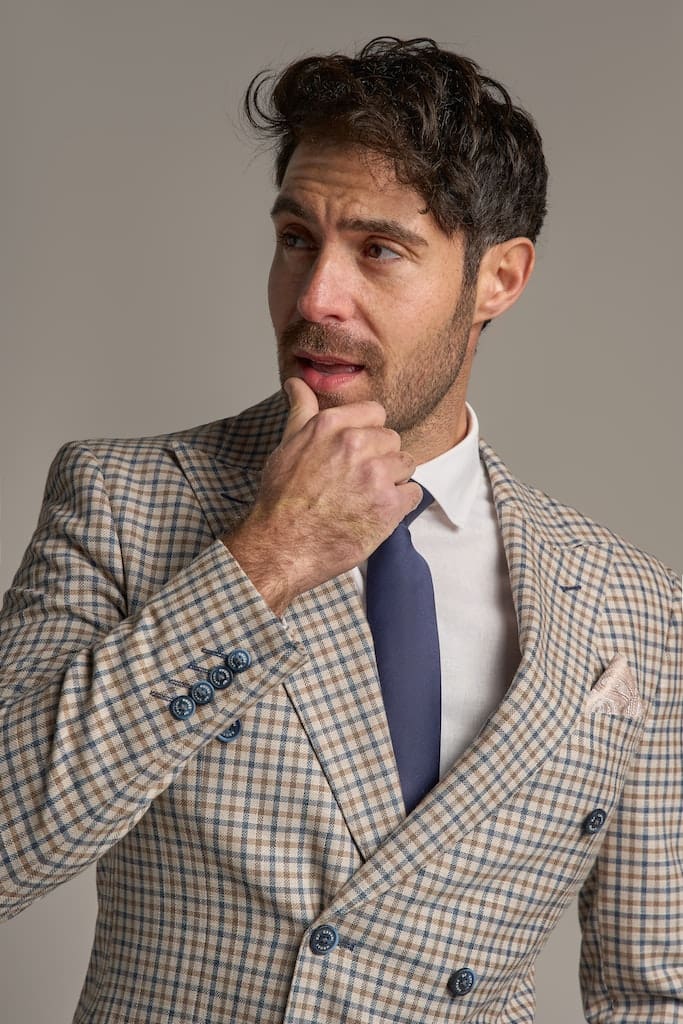 Sergio Cavani Double Breasted Beige Checkered Blazer for Men | Formal Business Suit Jacket | Perfect for Office, Weddings & Special Events