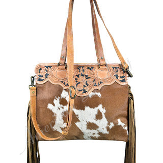 American Darling Genuine Leather Fringe Handbag - Vintage Tan Tooled Crossbody Purse for Women, Perfect for Boho Fashion & Everyday Use