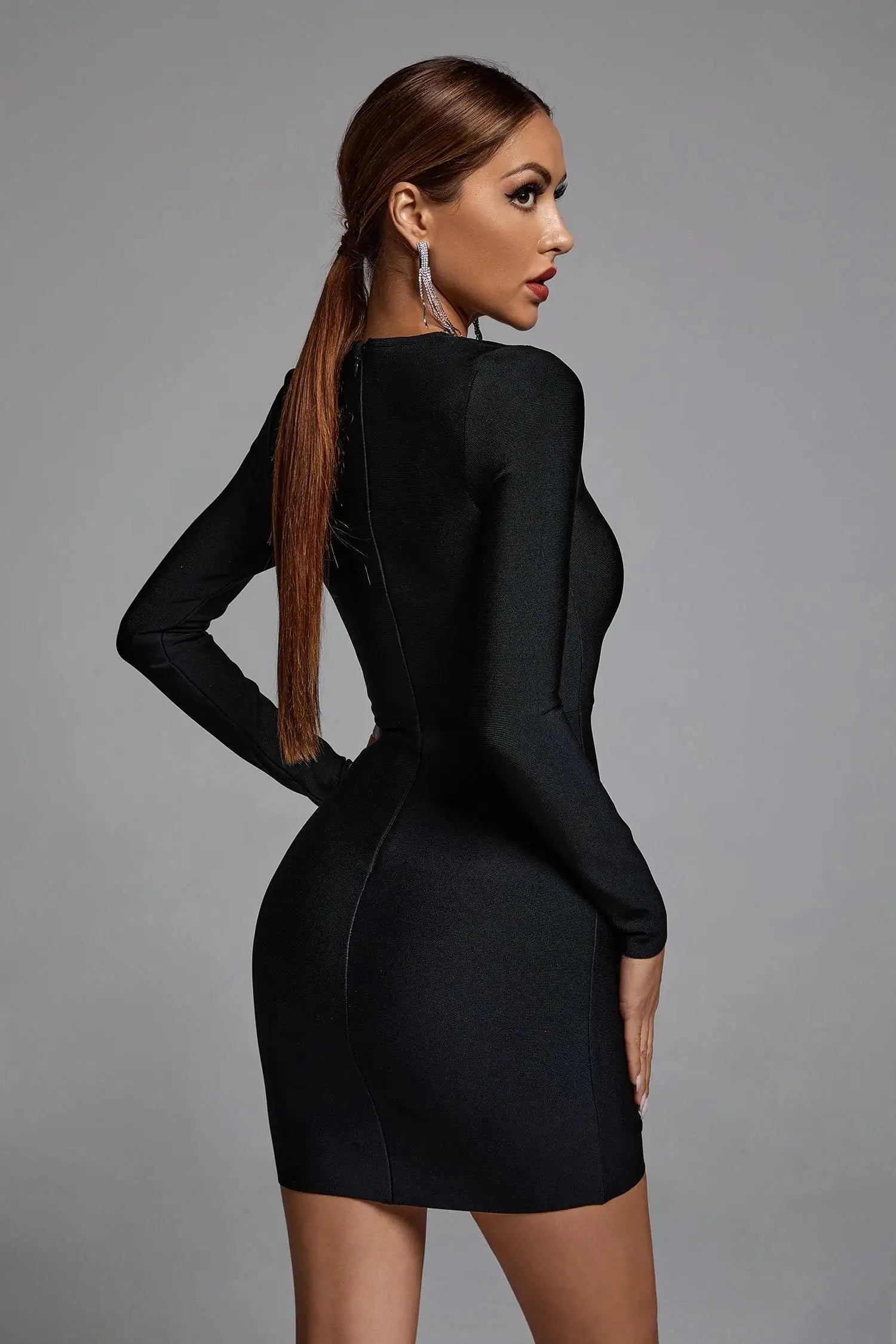 Elegant Black Beaded Long Sleeve Sheath Dress - Winter Hollow Out Mini Dress for Club, Party & Celebrity Runway | Perfect for Night Out, Cocktail Events & Special Occasions