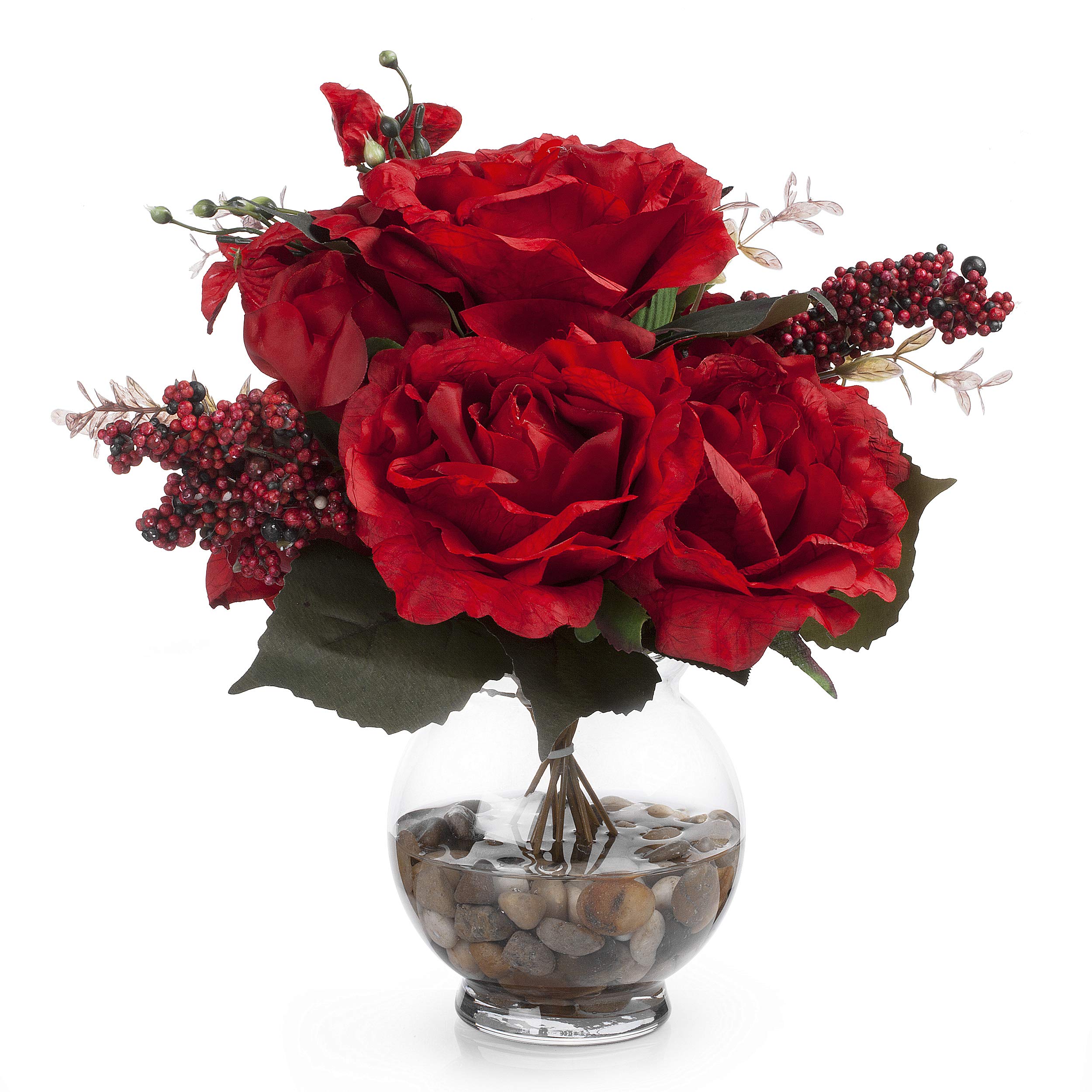 ENOVA HOME Mixed Silk Rose Flower Arrangement in Glass Vase with Faux Water & River Stones - Elegant Home Decor, Wedding Centerpiece, Table Decoration for Living Room, Dining Table & Events (Red)