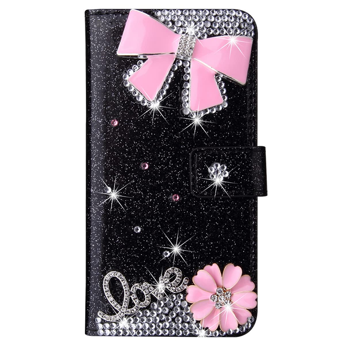 Luxury Glitter Pink Bow Diamond Wallet Case for iPhone 13 Pro Max 6.7 Inch - Flip Cover with Card Slot for Women & Girls (Black) | Perfect for Parties, Shopping & Everyday Use