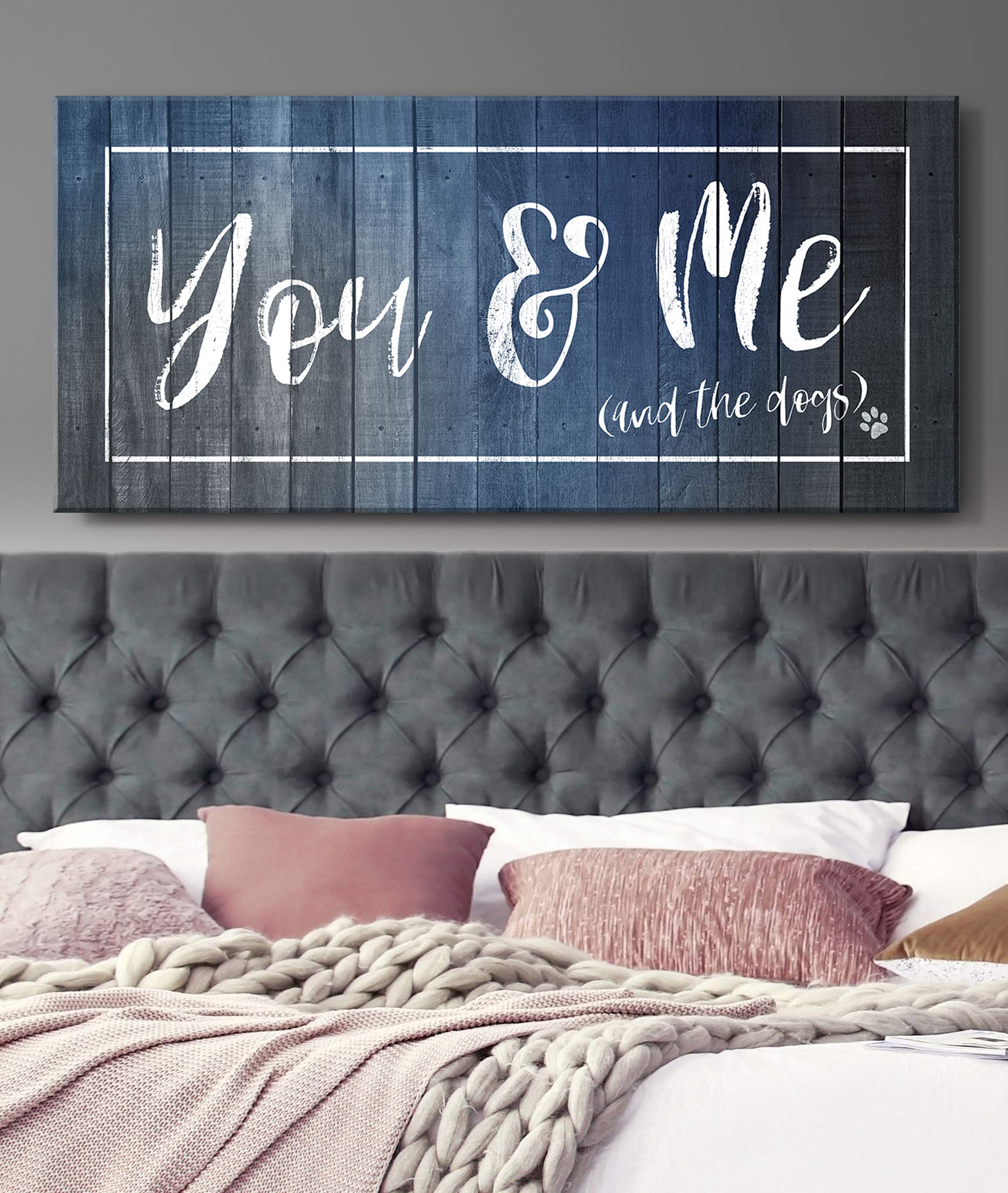 Dog Lovers Wall Art - 'You, Me And The Dogs' Couples Home Decor Sign | 60x27 Inch Blue Canvas Print for Bedroom Above Bed | Perfect Gift for Dog Owners & Pet-Themed Room Decor