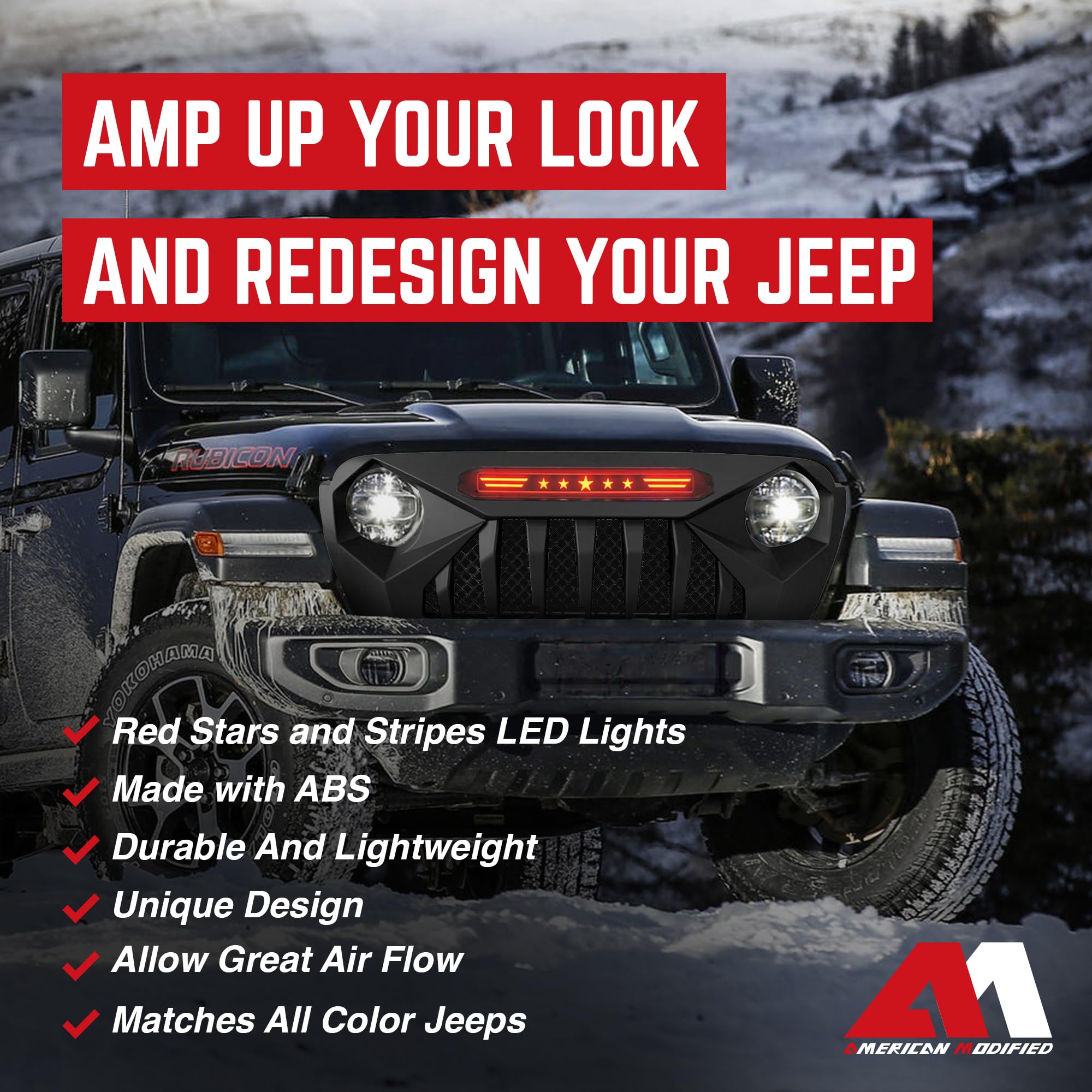 American Modified Demon Front Grille with Red LED Star Lights for Jeep Wrangler JL & Gladiator JT (2018-2021) - Matte Black | No TrailCam Required | Off-Road Upgrade for Enhanced Style & Night Visibility