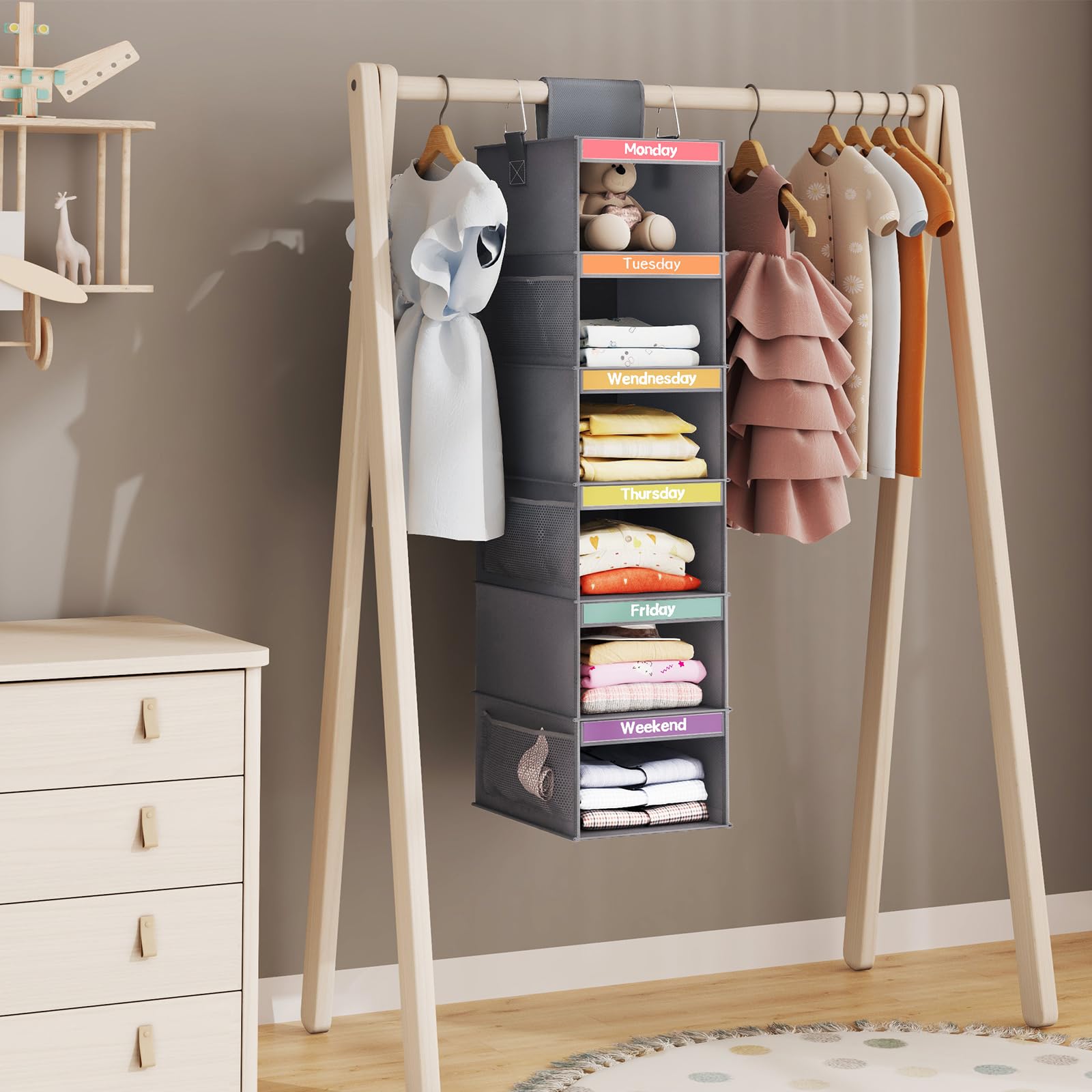 Fixwal 6-Shelf Weekly Clothes Organizer for Kids - Hanging Closet Organizer with 6 Side Pockets - Days of The Week Storage Shelves for Toddler & Children (Dark Grey) - Perfect for Bedroom, Nursery & Daycare Organization