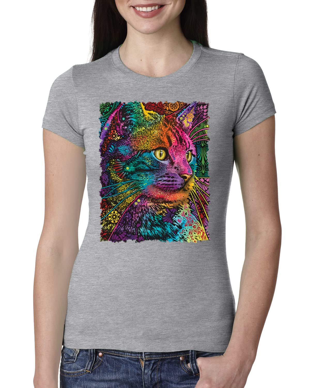 Dean Russo Colorful Cat Portrait T-Shirt | Slim Fit Women's & Junior Tee for Cat Lovers | Perfect Gift for Pet Owners & Casual Wear