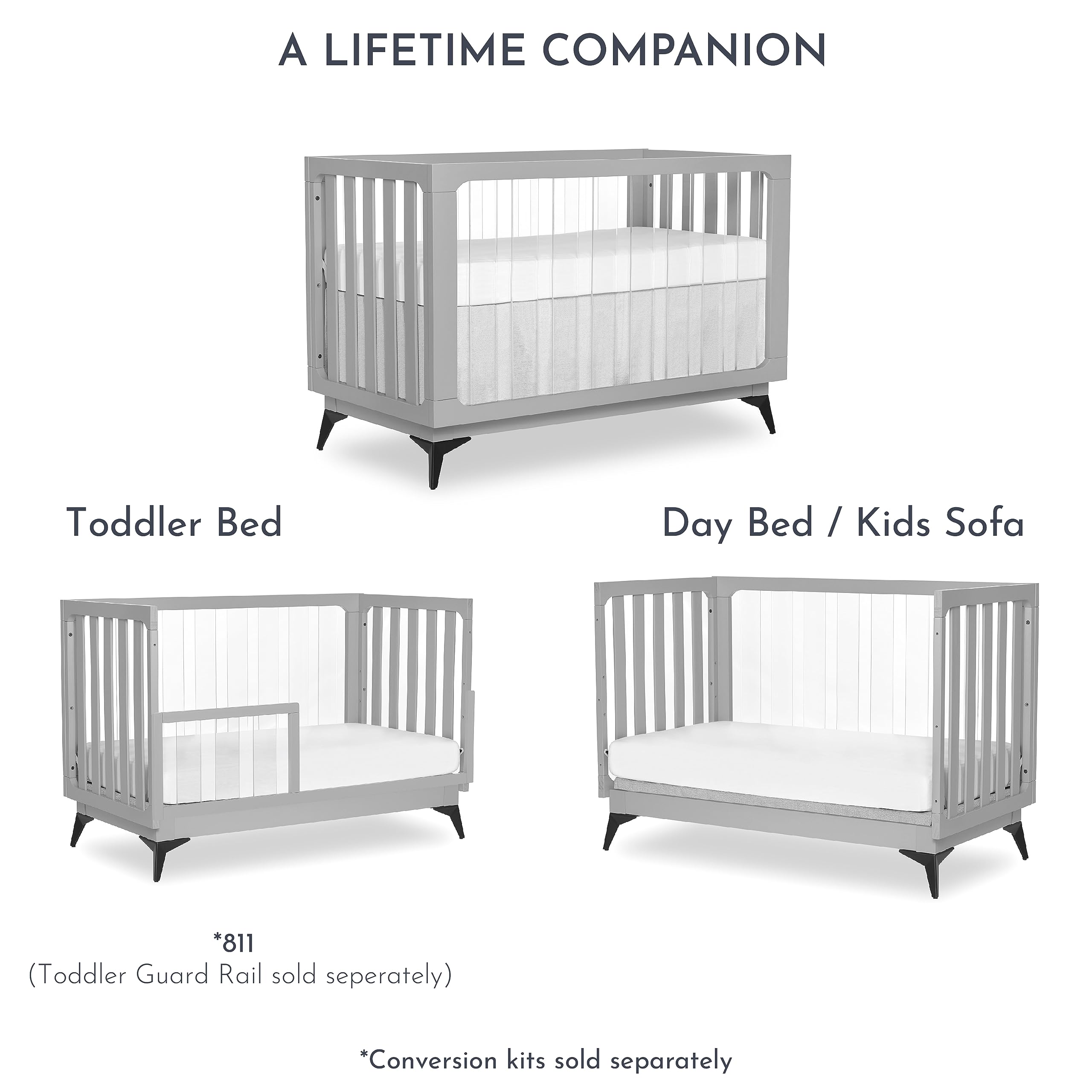 Evolur Acrylic Millennium 4-in-1 Convertible Baby Crib - Modern Full Size Nursery Bed Converts to Toddler Bed & Daybed - Adjustable Mattress Support with Acrylic Slats in Pebble Grey - Perfect for Nursery, Bedroom & Daycare Use