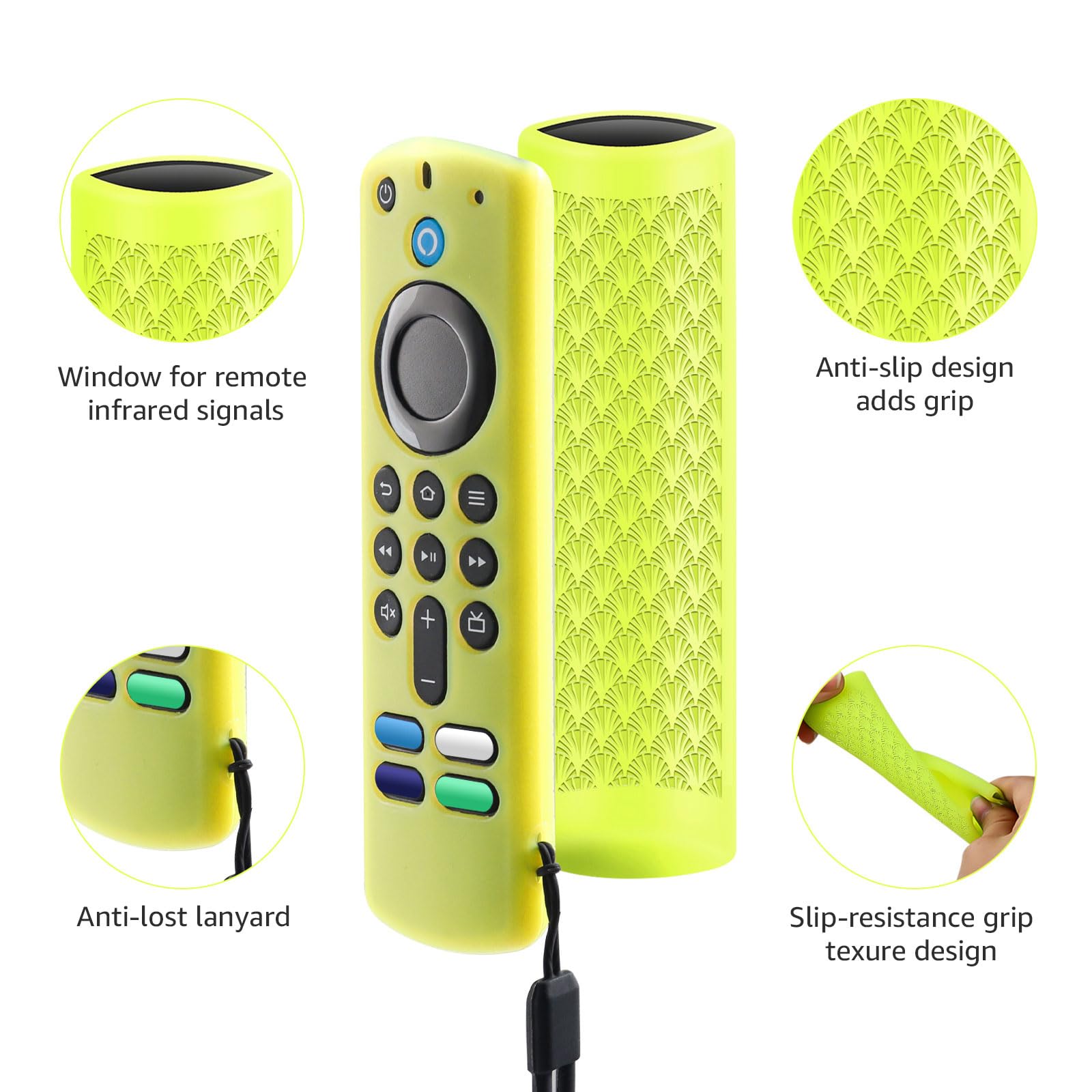 3 Pack Glow in The Dark Silicone Remote Control Covers - Anti-Slip Protective Case with Lanyard (Yellow, Blue, Pink) for TV, Cable, DVD & Streaming Devices - Nighttime Use & Easy Grip