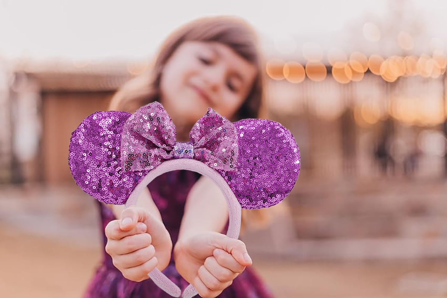 Purple Mouse Ears Headband with Bow & Snowflake - Sparkly Sequins Headpiece for Girls | Disney Princess Costume Accessory, Christmas Party Wear, Cosplay Decoration | Soft Flannel Material for Women & Kids (Great for Theme Parties, Halloween, Character Dress-Up & Holiday Events)