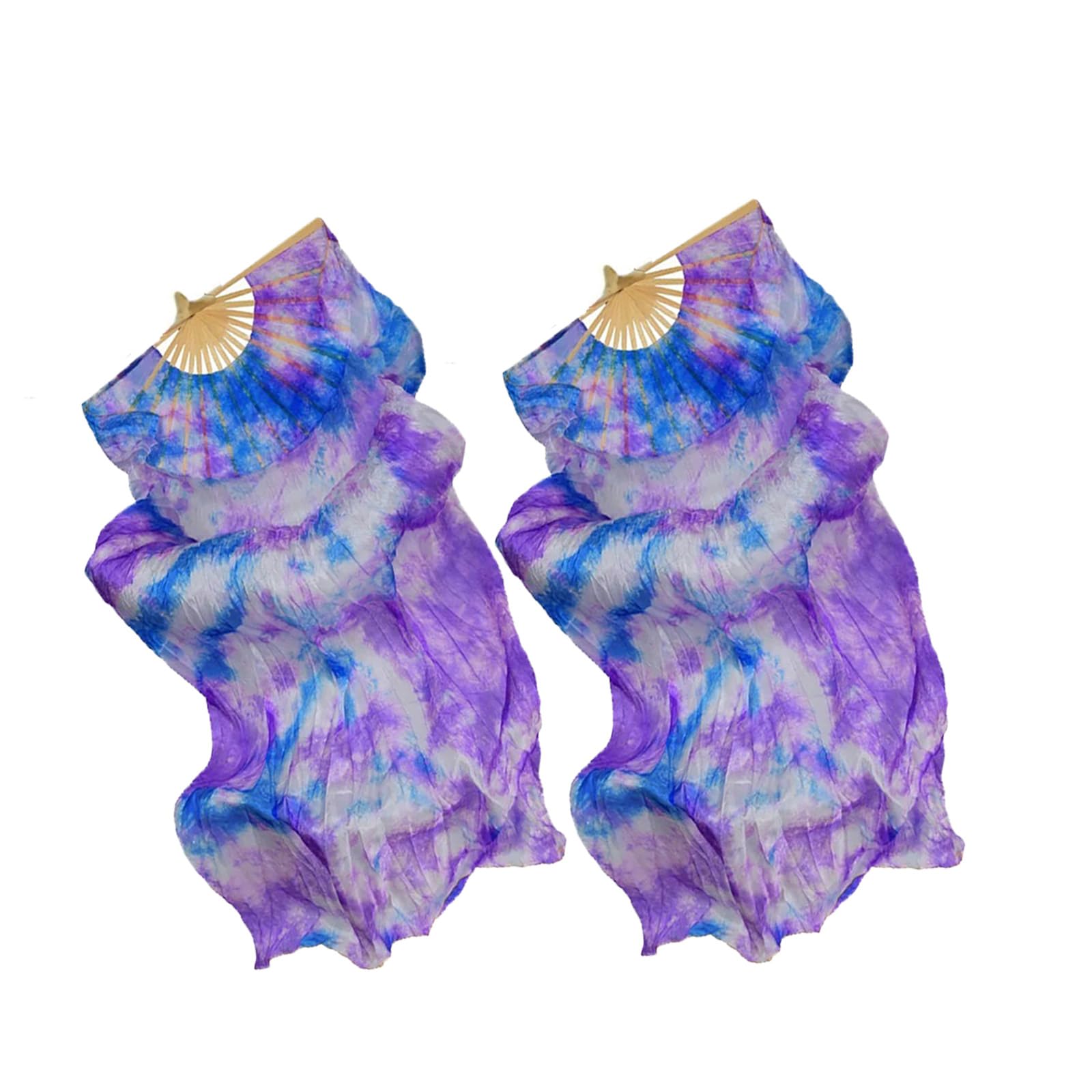 Authentic Silk Belly Dance Fan Veils for Women - 1.8 Meter (5.91 ft) Long Tie-Dyed Bamboo Fans - Perfect for Professional Performances, Dance Classes & Costume Accessories