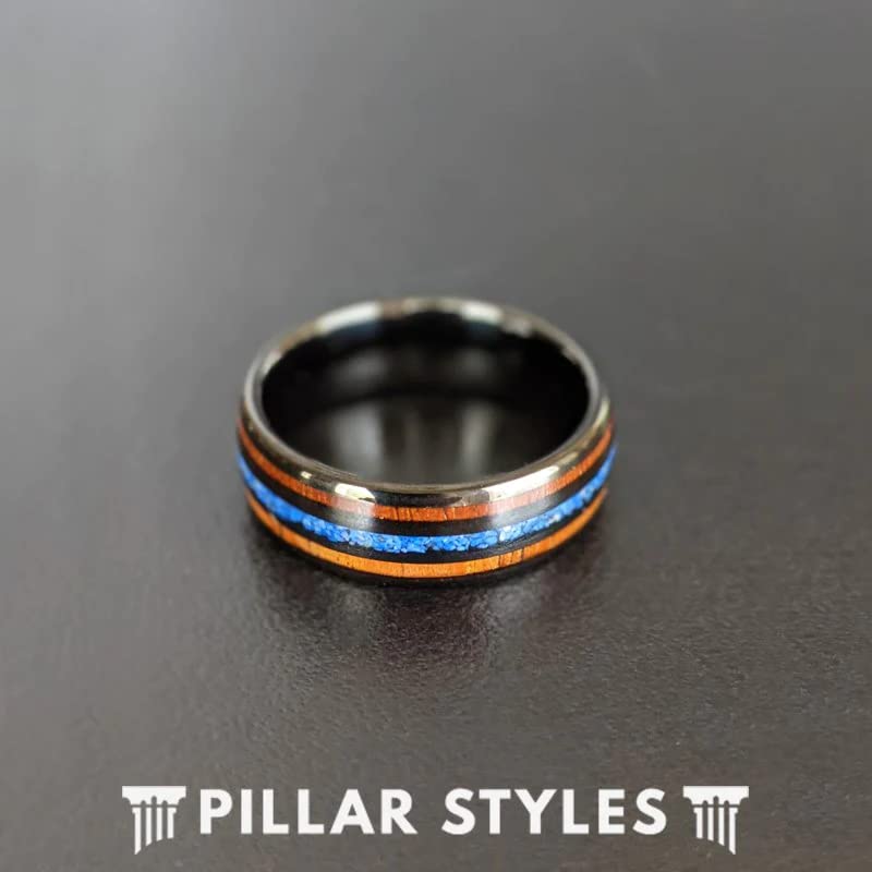 Lapis Lazuli and Koa Wood Tungsten Rings for Men - 8mm Tropical Blue Lapis Ring, Wooden Wedding Band, Black Comfort Fit, Anniversary Gift for Him - Perfect for Weddings, Engagements, and Special Occasions