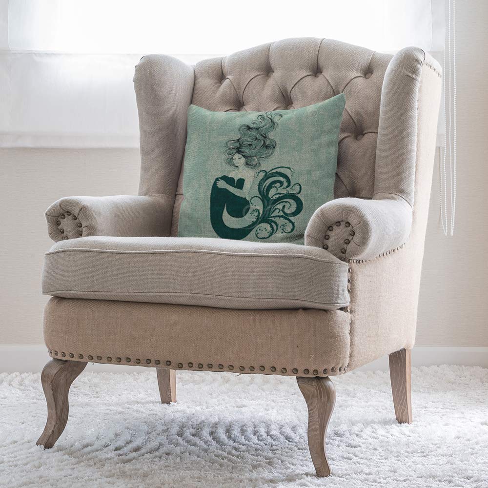 Mermaid Decorative Throw Pillow Cover - 18x18 Inch Blue Cotton Linen Square Cushion Case for Sofa, Bed, Living Room - Perfect for Coastal, Nautical & Mermaid-Themed Home Decor