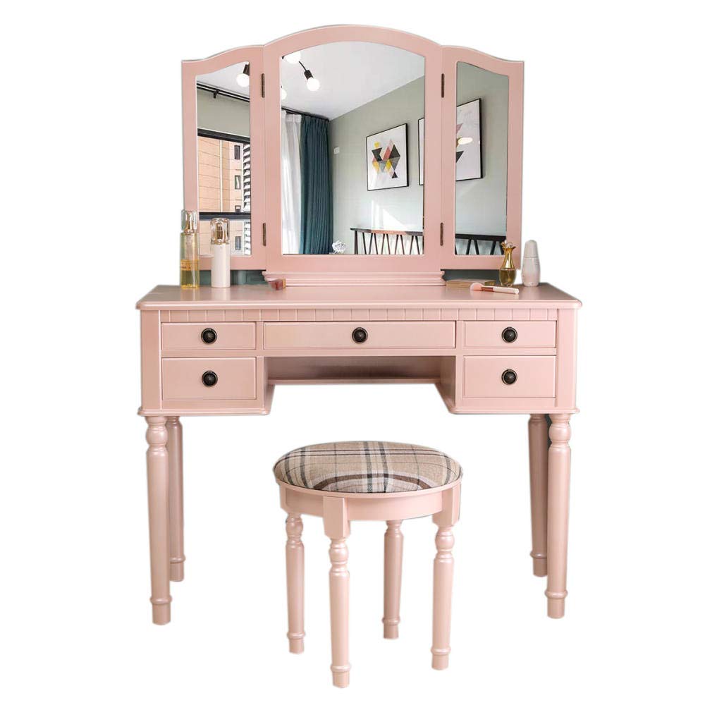 European Style Makeup Vanity Table Set with Three-Fold Mirror, Drawers & Roman Column Design - Includes Stool - Perfect for Mother's Day, Anniversary & Birthday Gifts (White) - Ideal for Bedroom, Dressing Room & Beauty Salon Decor