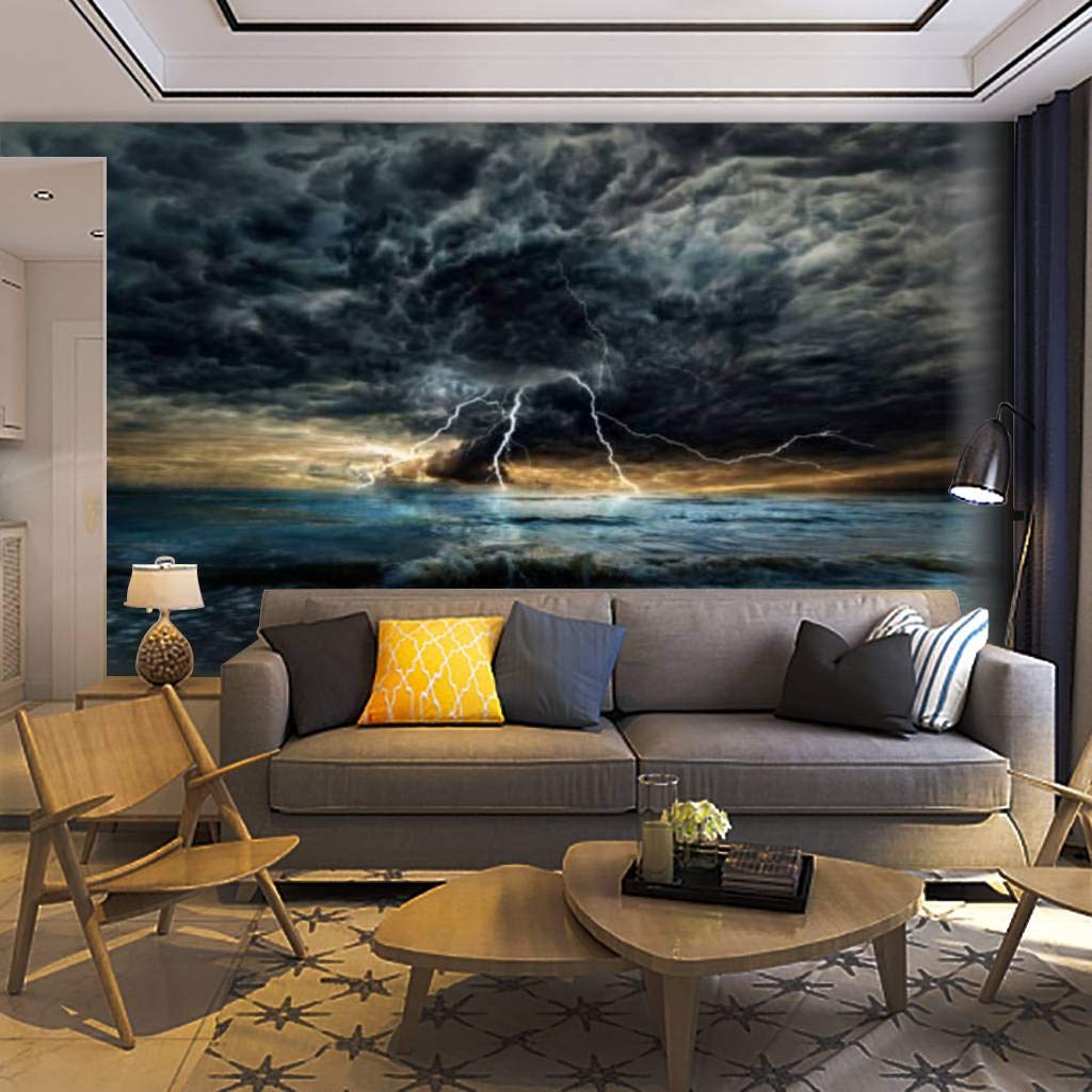 Self-Adhesive Removable Thunderstorm Lightning Sunset Sea Wall Mural - Peel & Stick Wallpaper for Living Room, Bedroom & Home Decor | Easy DIY Wall Decal & Sticker for Modern Interiors