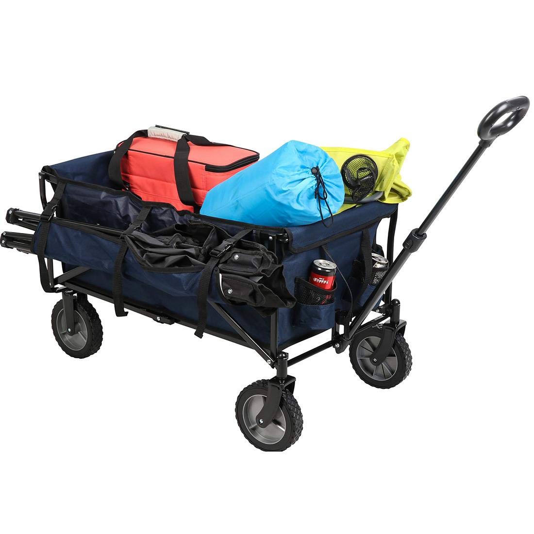 Foldable Wagon Cart with Removable Wheels, Cup Holders & Chair Storage - Navy Blue Collapsible Utility Wagon for Beach, Camping, Picnics & Outdoor Adventures
