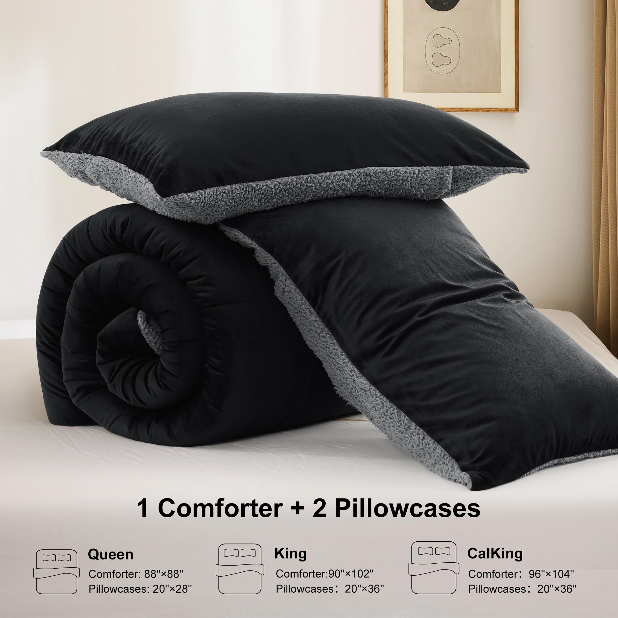 **BEDHOURS Queen Comforter Set - Ultra Soft Micromink & Sherpa Reversible Comforter with 2 Pillowcases - Plush Down Alternative Bedding for Winter Warmth (Black, Queen Size) - Perfect for Cozy Nights & Cold Weather**