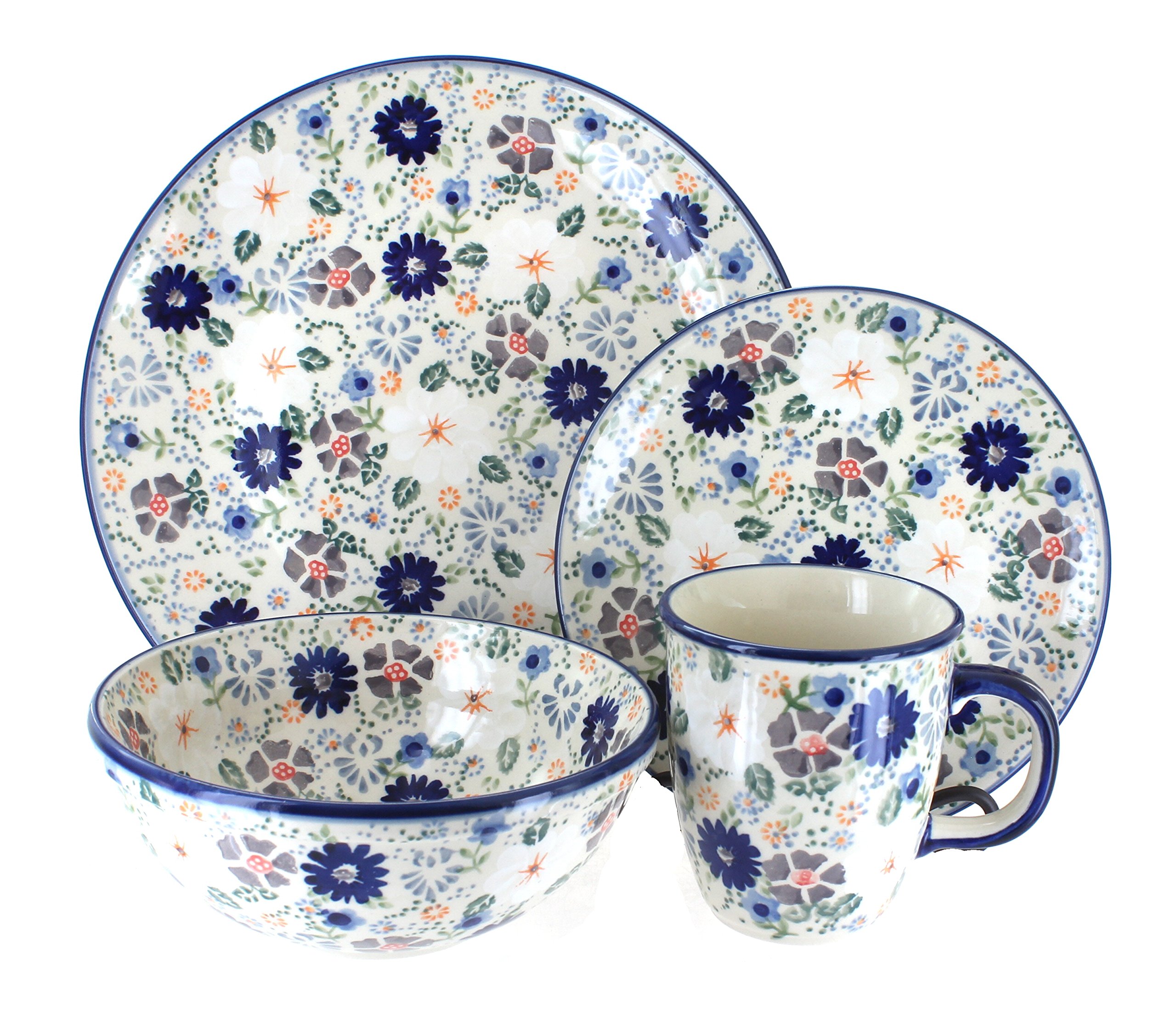 Blue Rose Polish Pottery Carnival 4-Piece Dinnerware Set - Handcrafted Ceramic Plates, Bowl, Cup & Saucer for 1 Person | Elegant Table Setting for Home Dining, Parties & Special Occasions