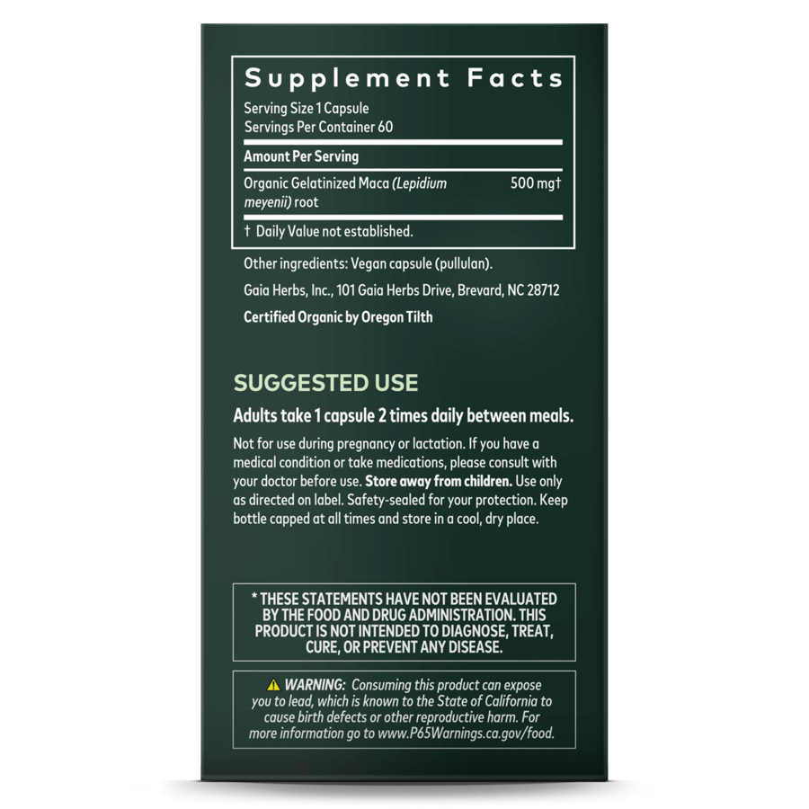 Organic Gaia Maca Root Capsules 60 Count - Peruvian Superfood for Energy, Libido & Hormone Balance - Perfect for Smoothies, Workouts & Daily Wellness Boost