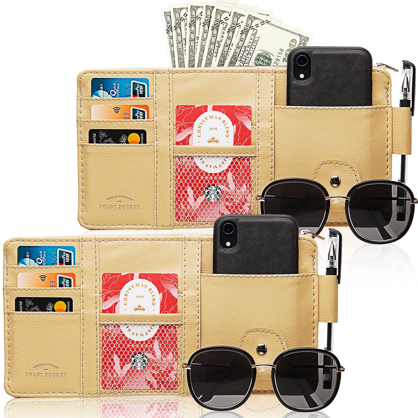 Boao Car Sun Visor Organizer - 2 Pack PU Storage for Sunglasses & Documents - Travel & Commute Use