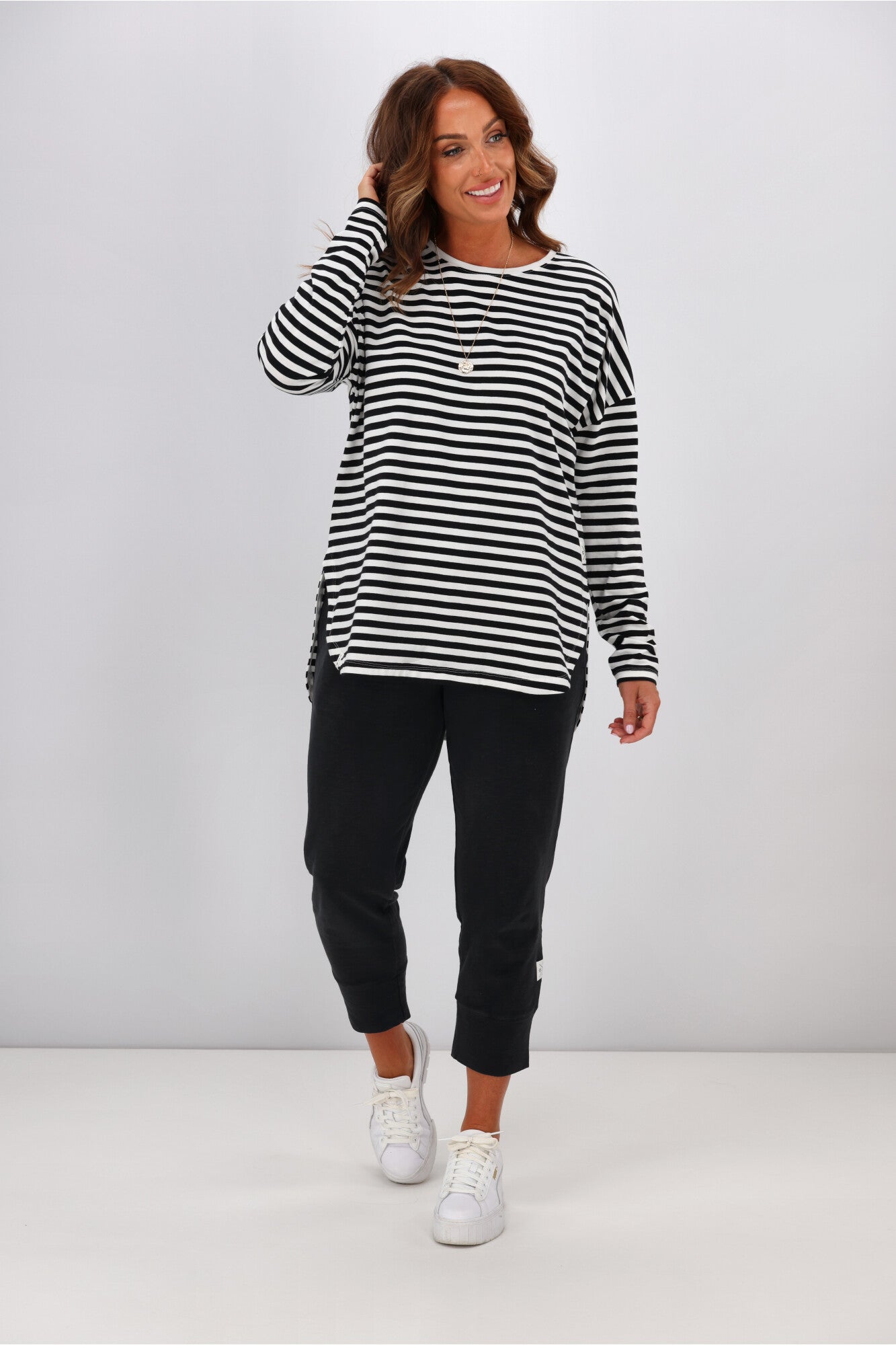 Elm Lauren Long Sleeve T-Shirt - Black & White Striped Cotton Tee for Men & Women | Casual Wear, Layering, Everyday Outfits