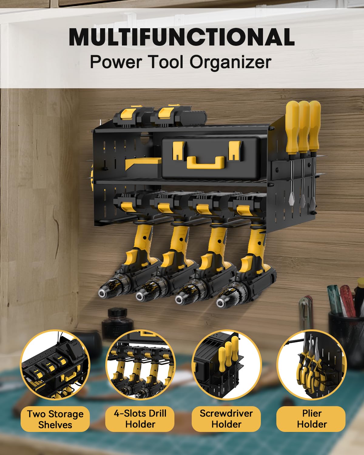 3-Tier Wall Mount Power Tool Charging Station with 6 AC Outlets - Heavy Duty Garage Organizer for Drills & Tools | Perfect for Workshop, DIY Projects & Home Garage Storage