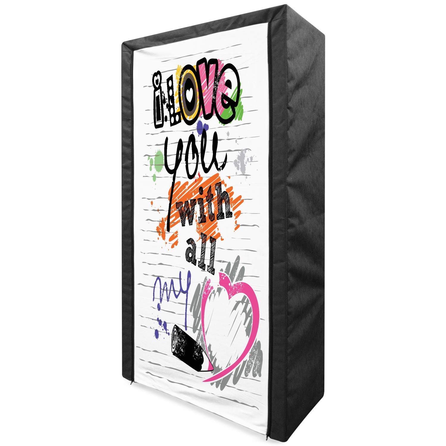 Ambesonne Portable Fabric Wardrobe - Heart Print Clothing Organizer with Shelves, 33.5 Inch Multicolor Storage Closet for Couples | Perfect for Bedroom, Dorm & Small Space Organization