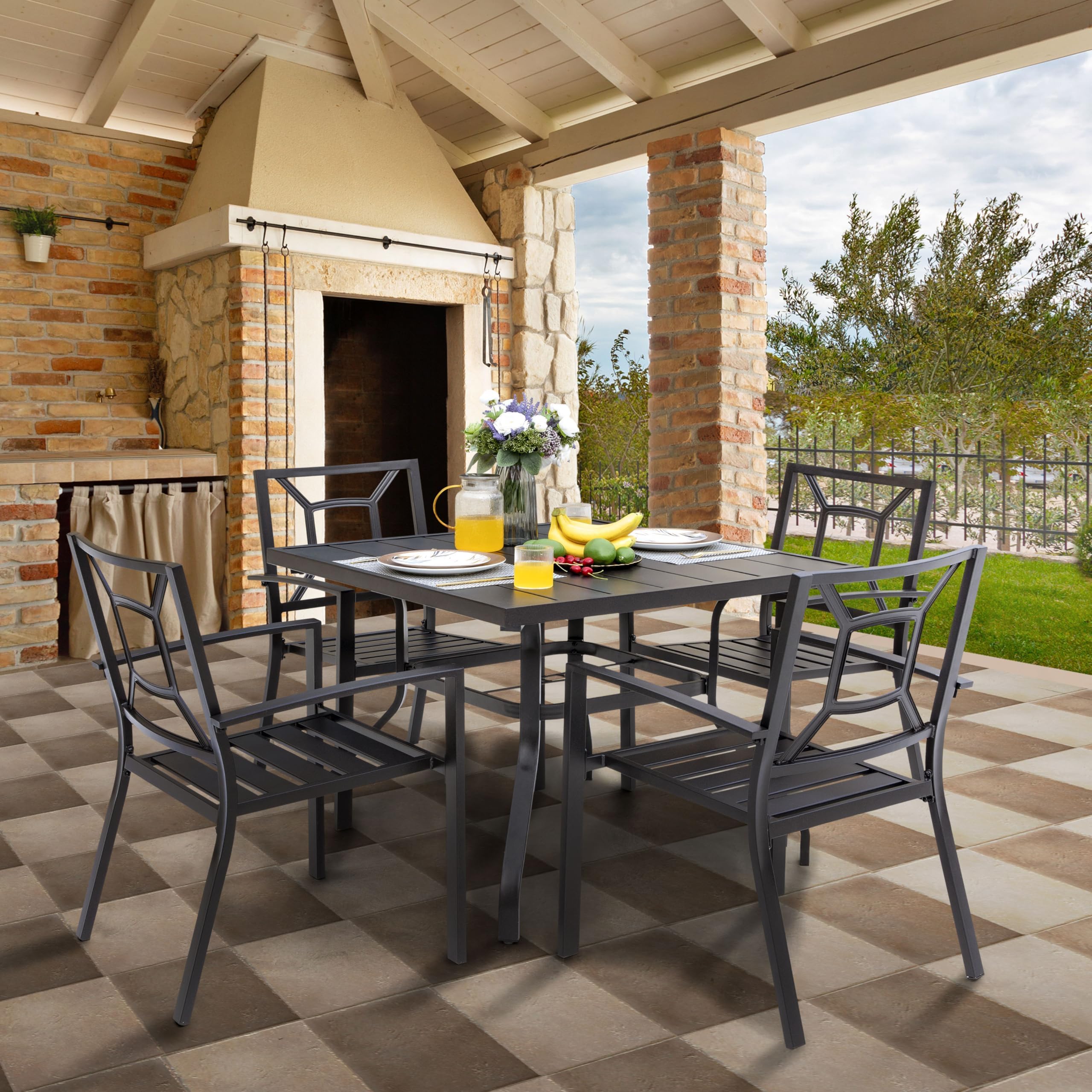 NUU GARDEN Stackable Patio Dining Chairs Set of 2 - Heavy Duty 300Lbs Capacity All-Weather Metal Outdoor Chairs with Armrests - Perfect for Lawn, Porch, Backyard, Deck & Poolside - Black