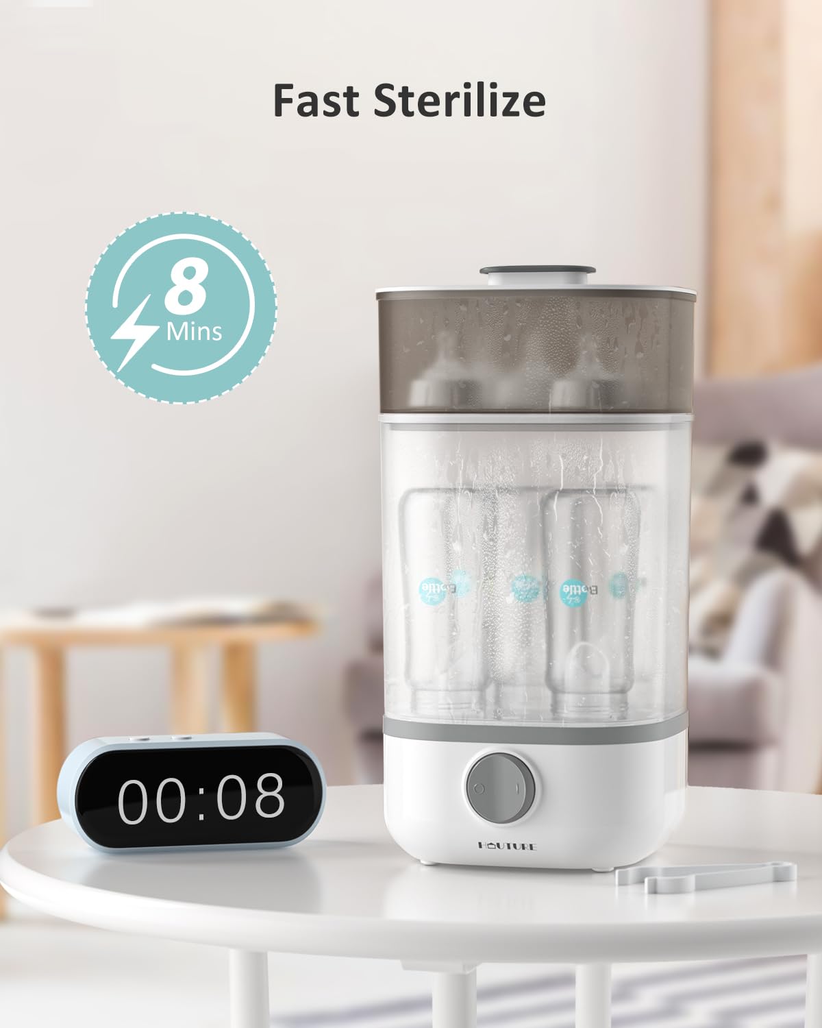 HAUTURE Electric Baby Bottle Sterilizer - Compact Steam Sanitizer for Bottles, Pacifiers & Breast Pump Parts | One-Button Operation | Perfect for Home, Travel & Daycare Use