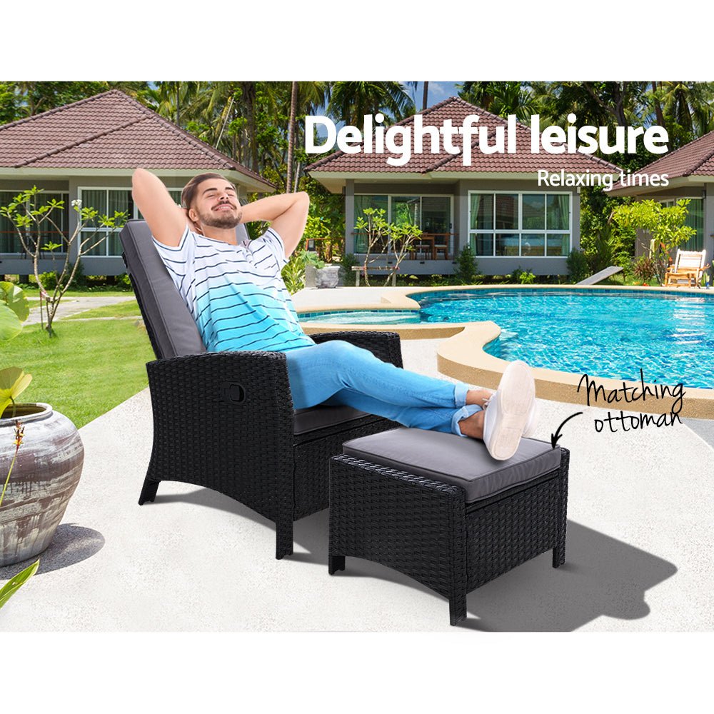 Elise Outdoor Recliner Chair with Ottoman - Patio Lounge Chair, Black - Perfect for Backyard, Poolside & Garden Relaxation