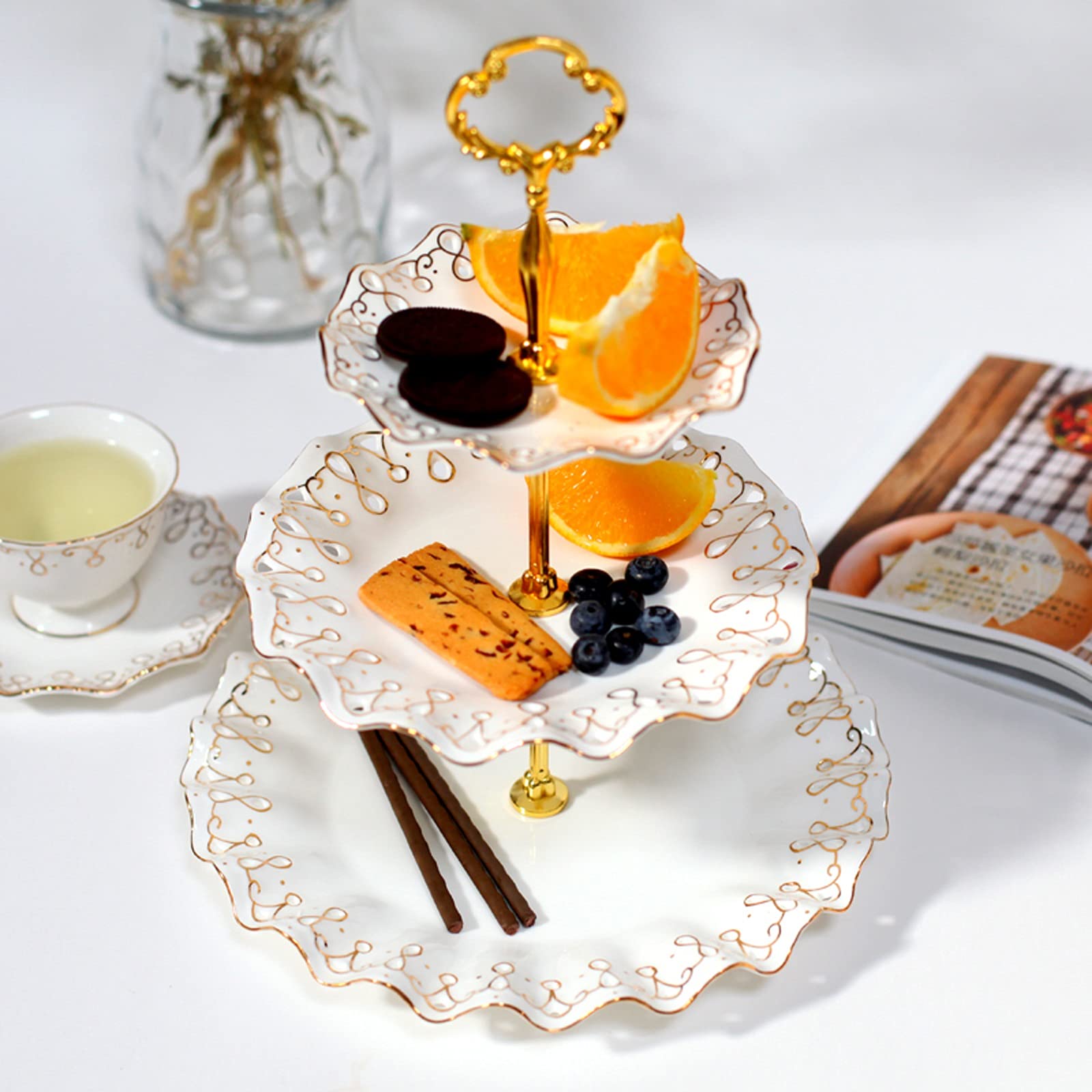3-Tier Ceramic Fruit Bowl Set for Afternoon Tea - European Style Dessert Tray & Cake Stand for Living Room, Home Decor, Parties & Entertaining