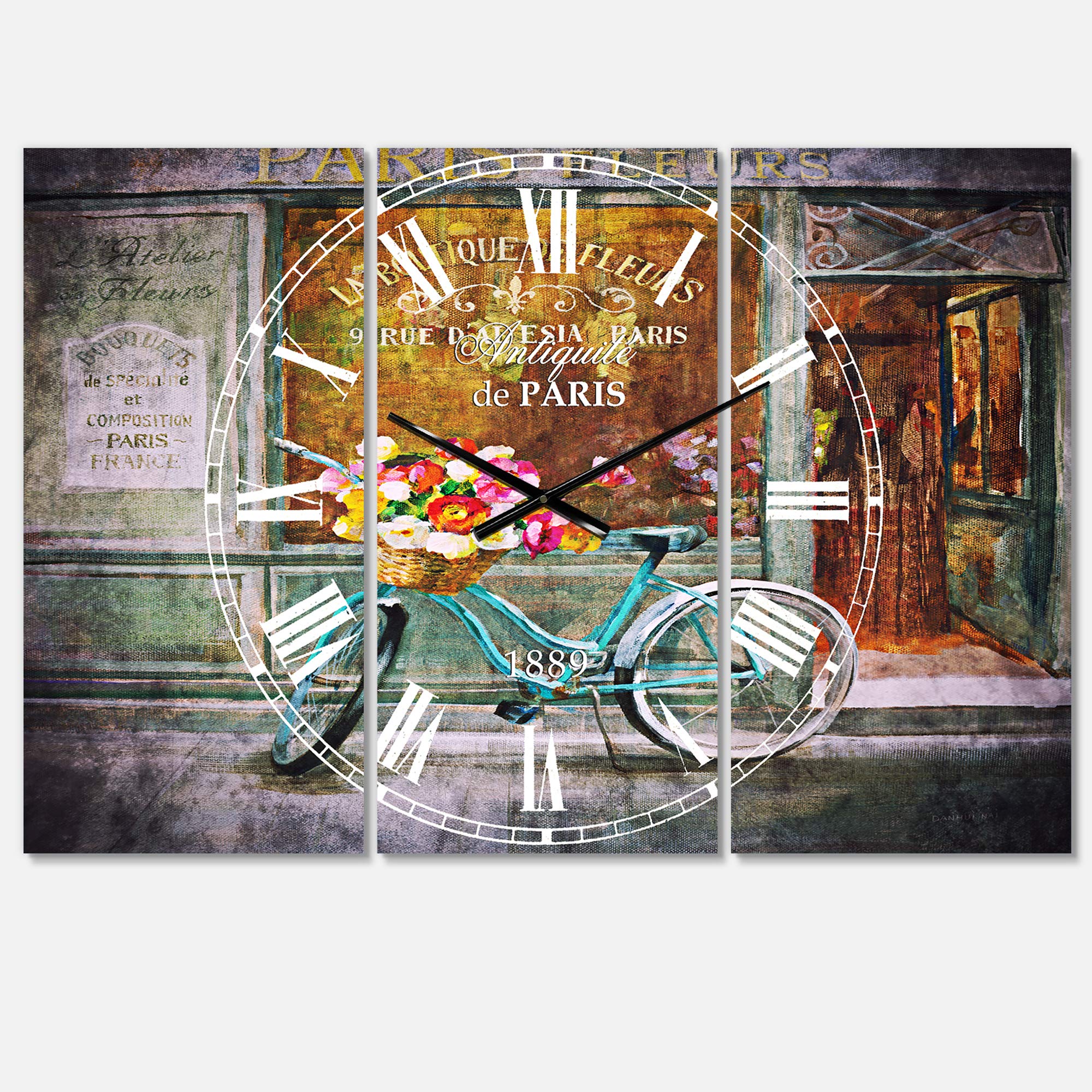 Designart Paris French Flowershop Wall Art - Traditional 3 Panel Decorative Metal Clock for Home, Living Room, Bedroom & Office | Vintage Floral Wall Decor | Perfect for Farmhouse, Boho & French Country Interior Design