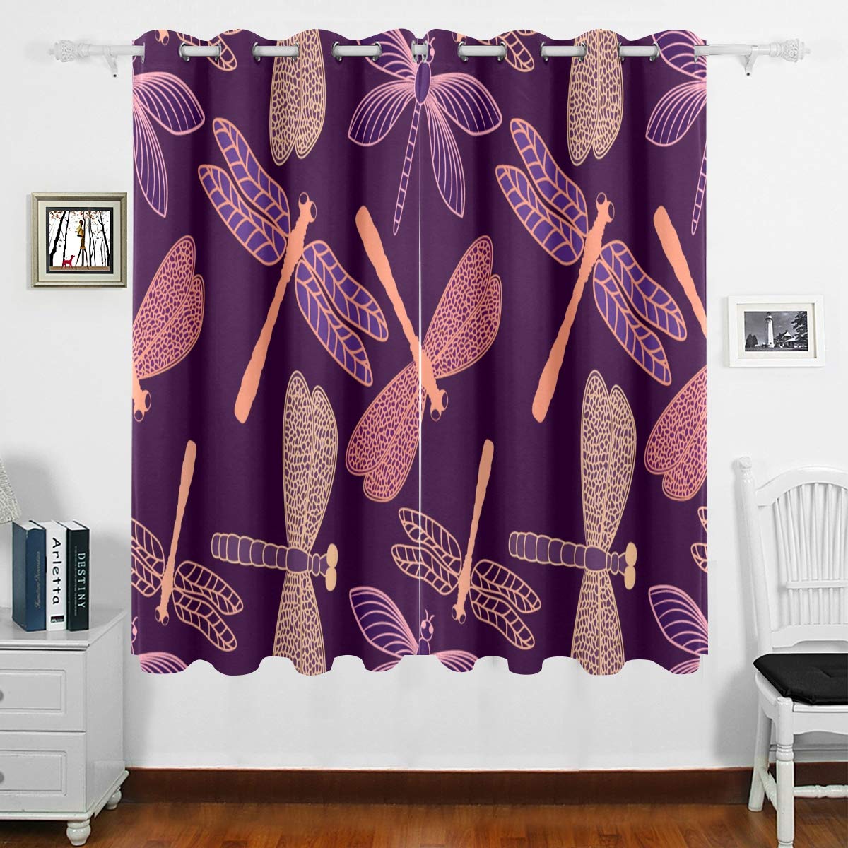DOMIKING Blackout Window Curtain Panels - Thermal Insulated Darkening Drapes with Grommet Top (63x55 Inch) for Bedroom & Living Room | Dragonfly Purple Design | Energy Saving & Light Blocking | Perfect for Home Theater, Nursery & Night Shift Workers