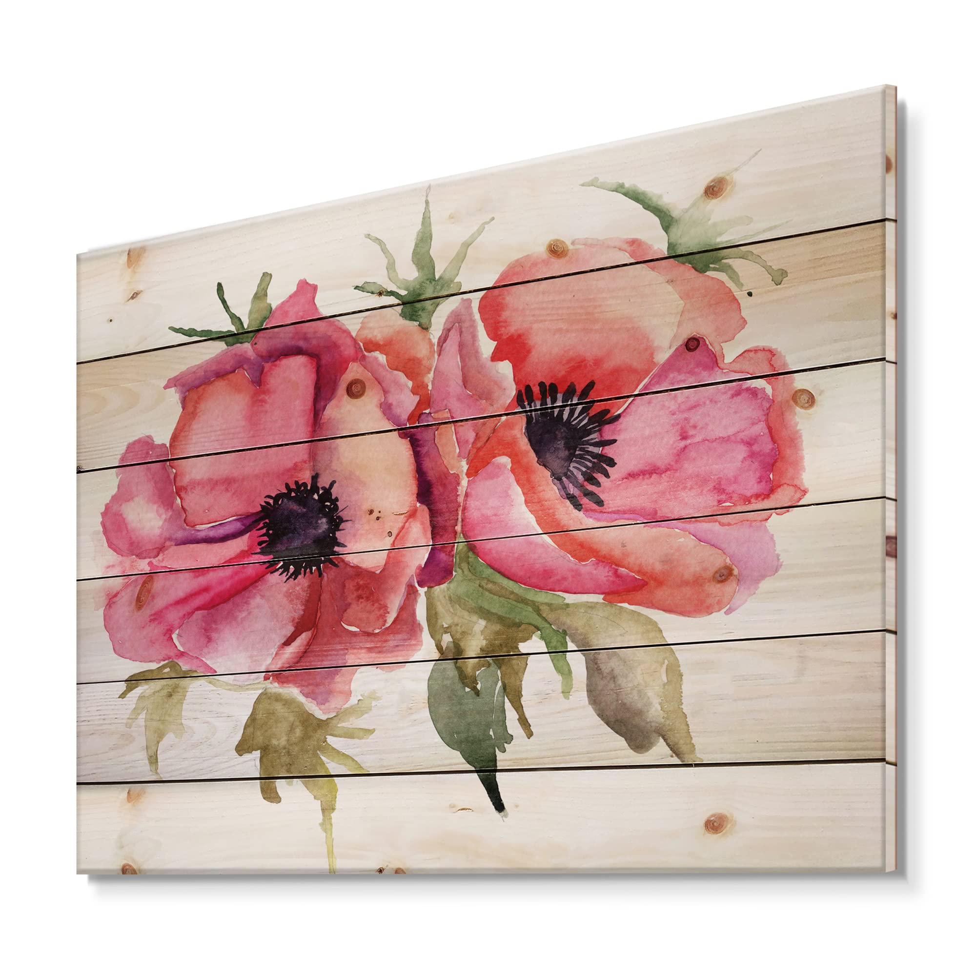 DesignQ Stylized Poppy Flowers Wood Wall Art - Pink Floral Pine Wood Decor Panel for Living Room, Bedroom & Office - Traditional Large Wall Hanging for Home Decoration