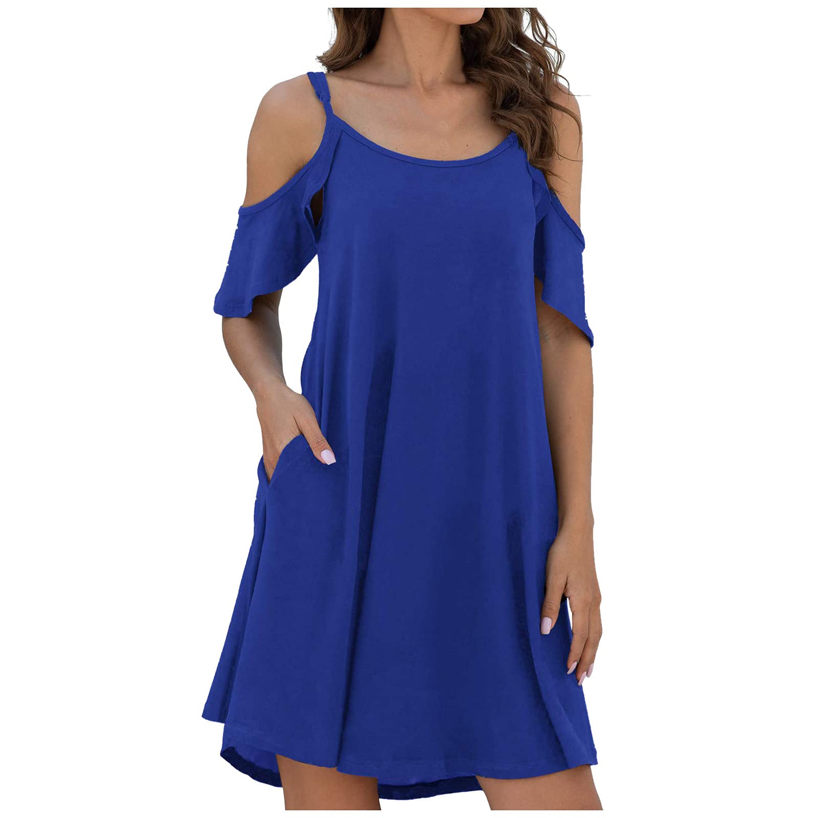 Women's Floral Cold Shoulder Ruffle Sleeve Summer Dress with Pockets - Casual Solid Color Sundress for Beach, Party & Vacation Outfits