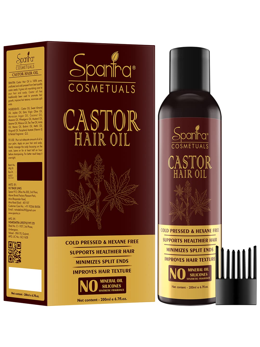 Premium Cold Pressed Castor Oil for Hair Growth - Spantra Natural Herbs Extract Formula Improves Hair Texture, Controls Breakage, Adds Volume & Repairs Split Ends - 200ml Bottle for All Hair Types - Perfect for Daily Hair Care & Scalp Treatment