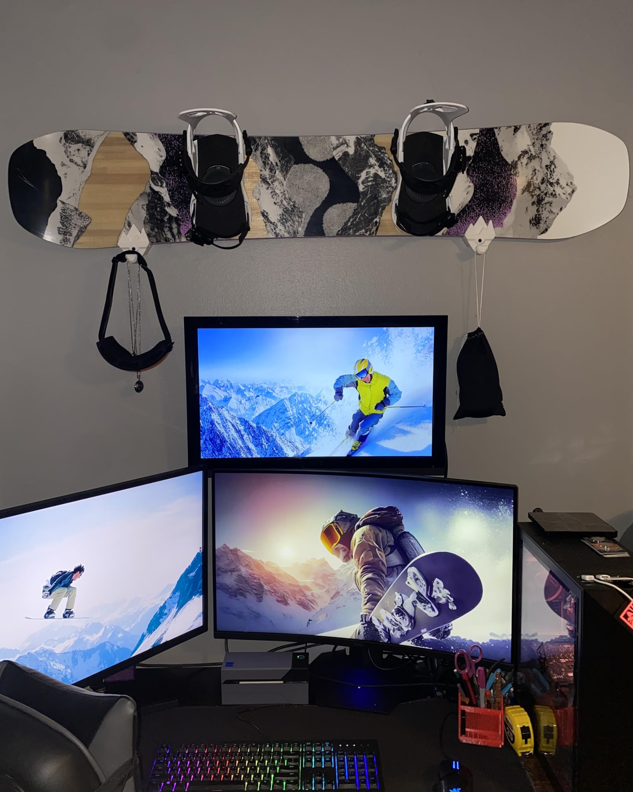 Universal Snowboard Wall Mount with Hooks - Space Saving Snowboard Rack & Wall Art in White - Perfect for Home, Garage, or Ski Resort Storage