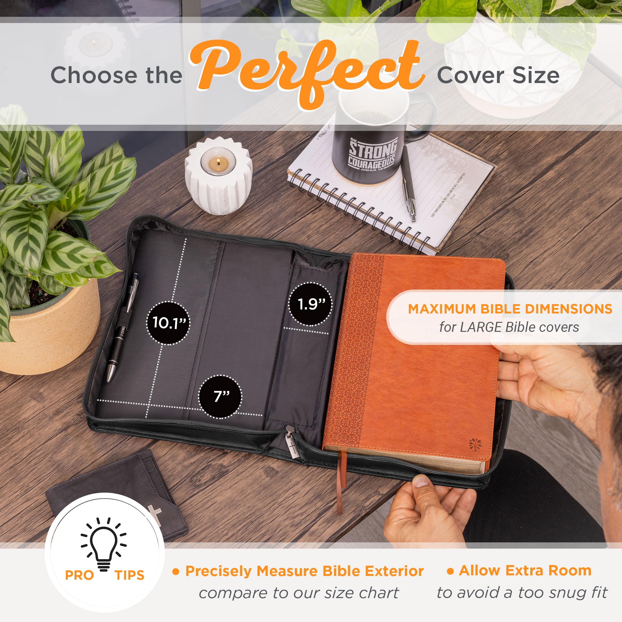 Christian Art Gifts Classic Faux Leather Bible Cover for Men & Women - Be Strong & Courageous Joshua 1:9 Inspirational Verse with Lion Design (Gray/Black, Large Size) - Perfect for Church, Bible Study & Daily Devotion
