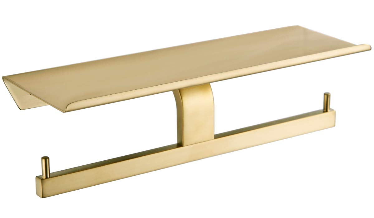 TRUSTMI Dual Roll Toilet Paper Holder with Phone Shelf - 304 Stainless Steel Bathroom Tissue Dispenser - Rustproof Brushed Gold Bath Accessory - Perfect for Modern Bathrooms, Powder Rooms & Vanity Areas
