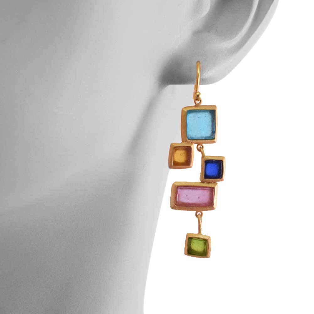 Cast Artisan Glass & Gold-Plated Multicolor Mosaic Earrings - Elegant Statement Jewelry for Parties & Weddings